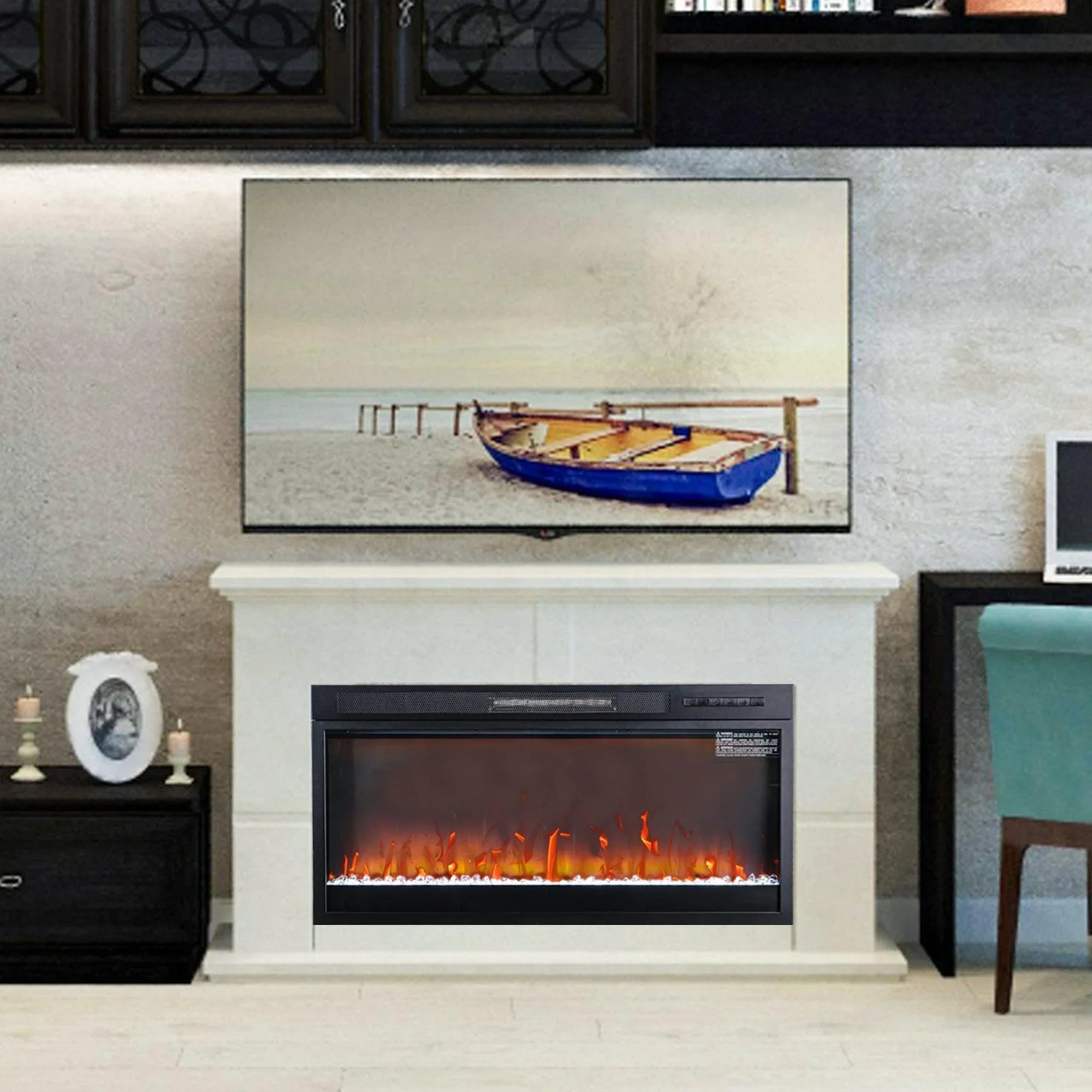Black electric fireplace insert installed in a wall with flame display