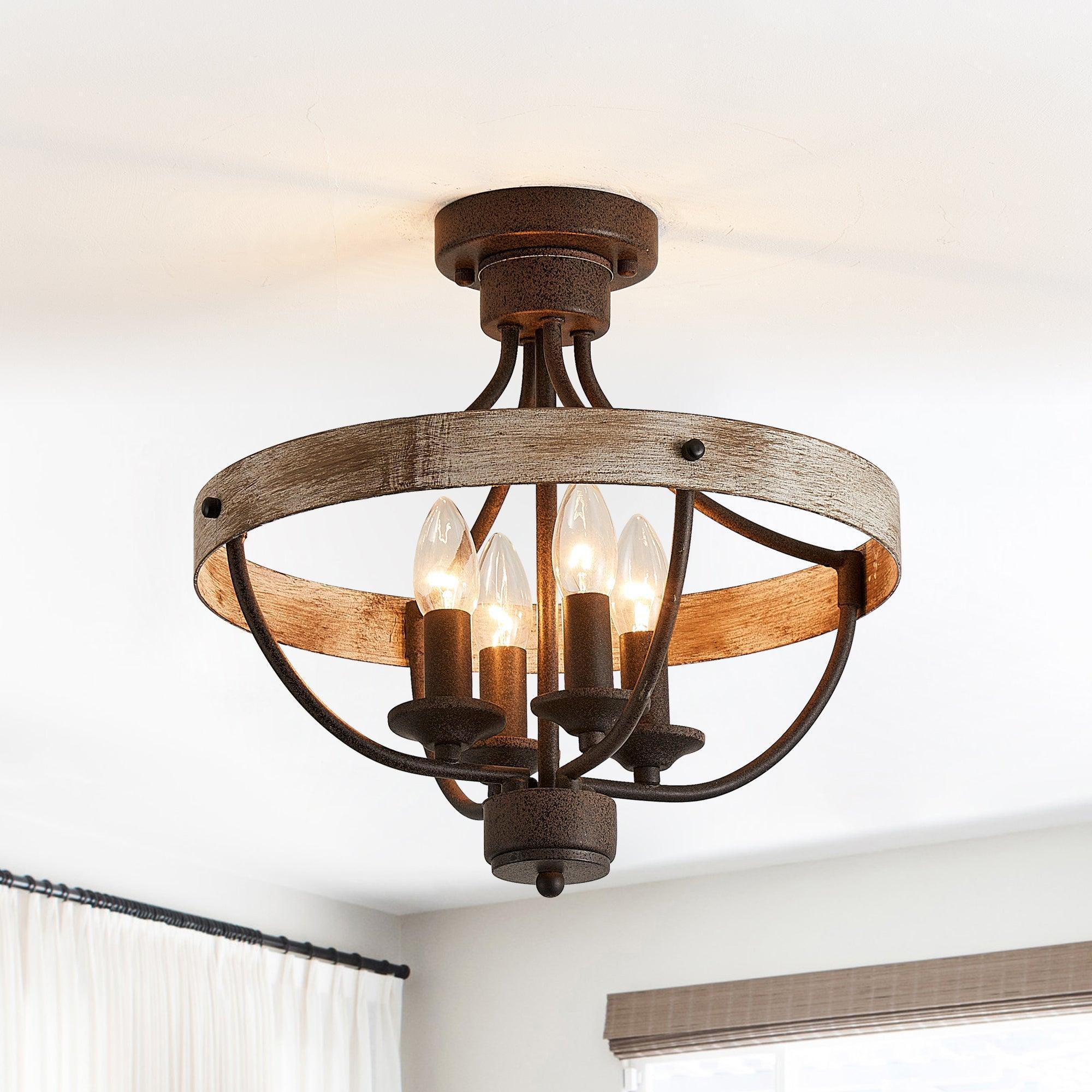 Brown wood-look 4-light ceiling fixture with lit bulbs and black metal curved frame