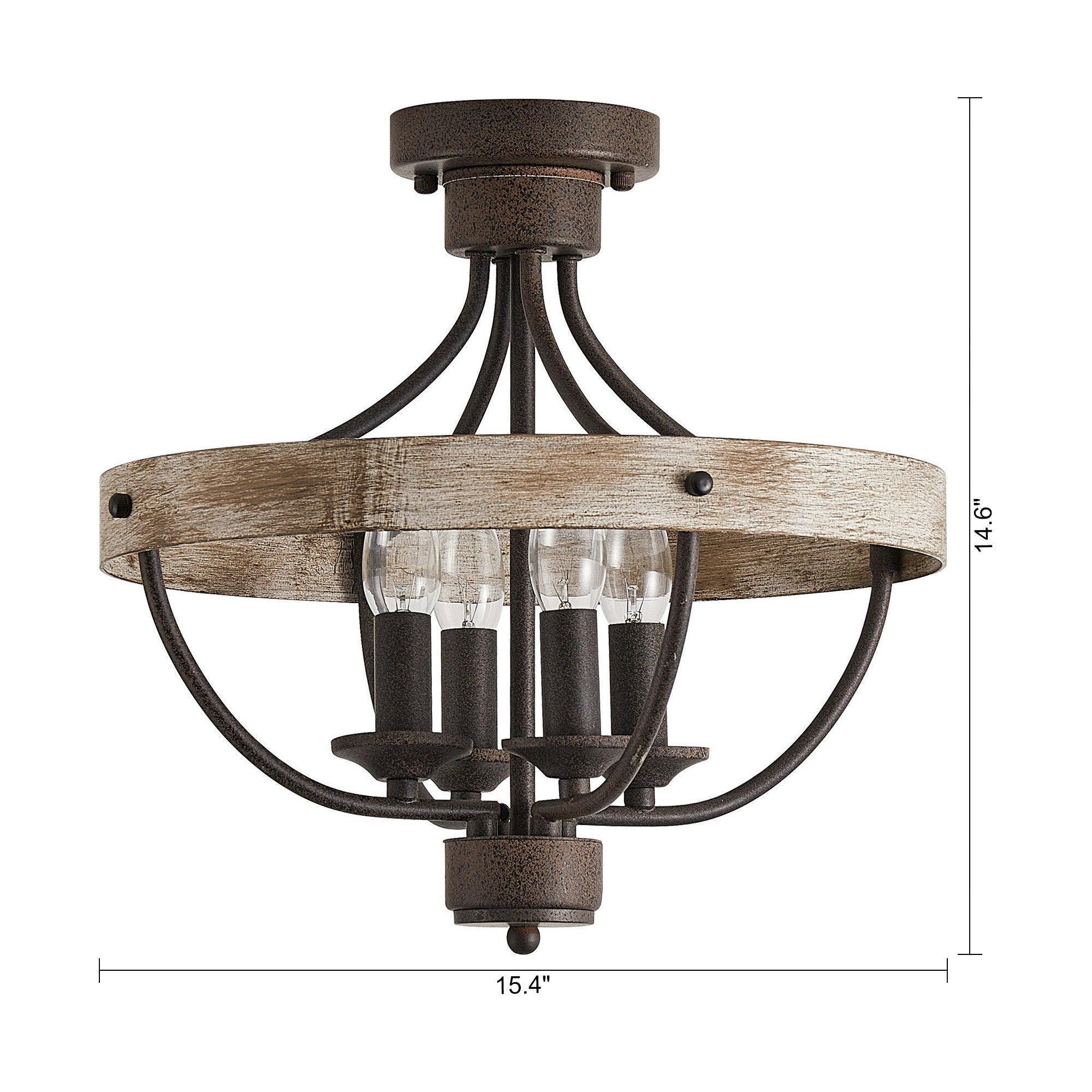 Brown wood-look 4-light ceiling fixture with black metal housing and mounting plate