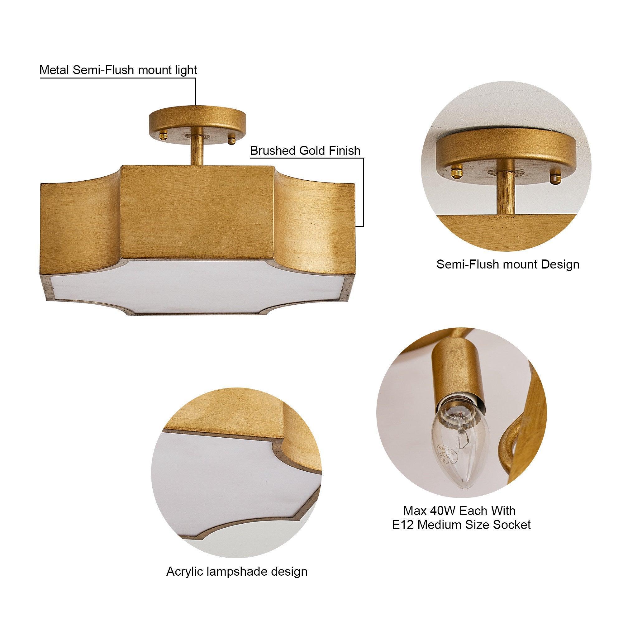 Brushed gold semi-flush mount design with acrylic diffuser and metal shade panels