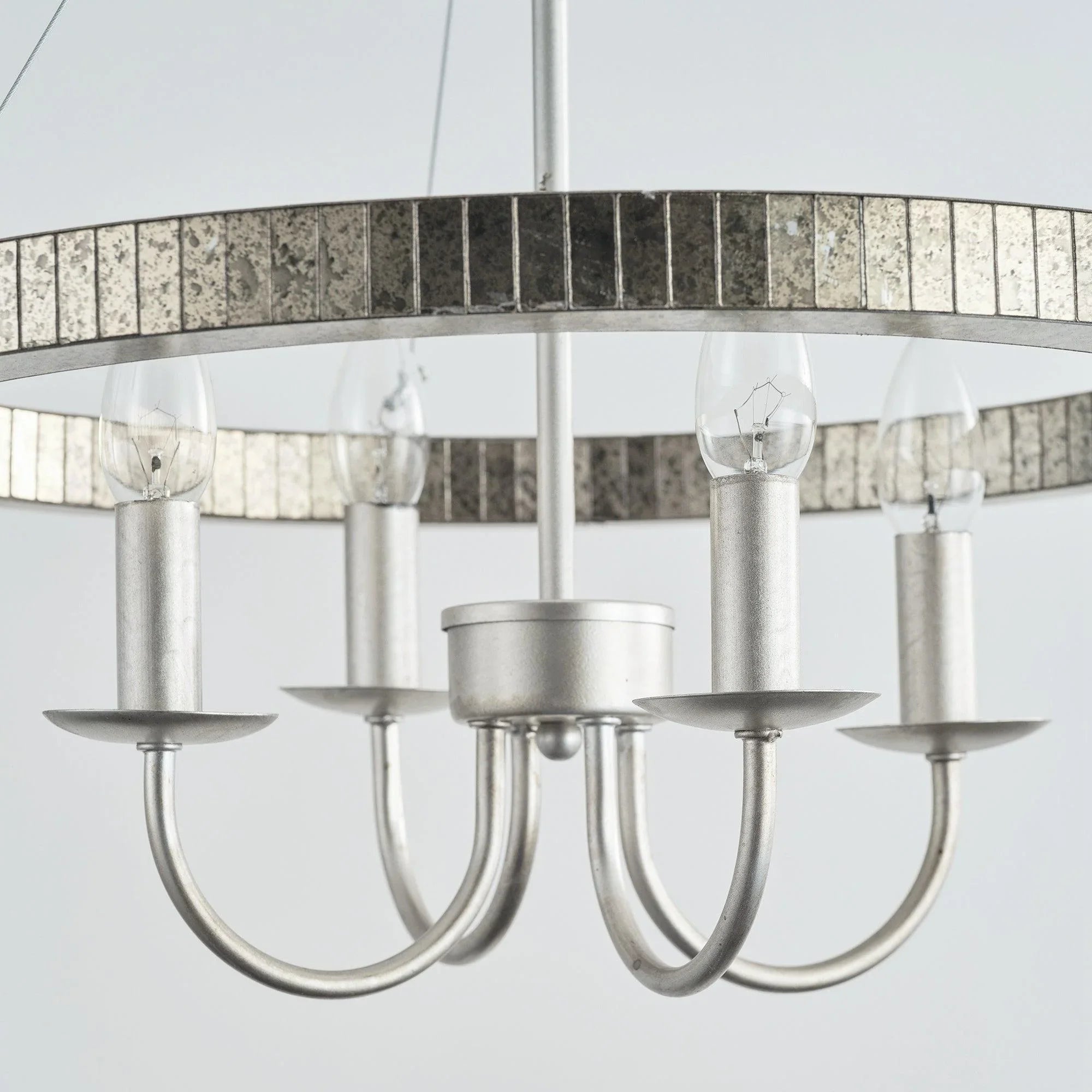 4-light satin nickel pendant ring with clear acrylic lens shades and curved metal arms