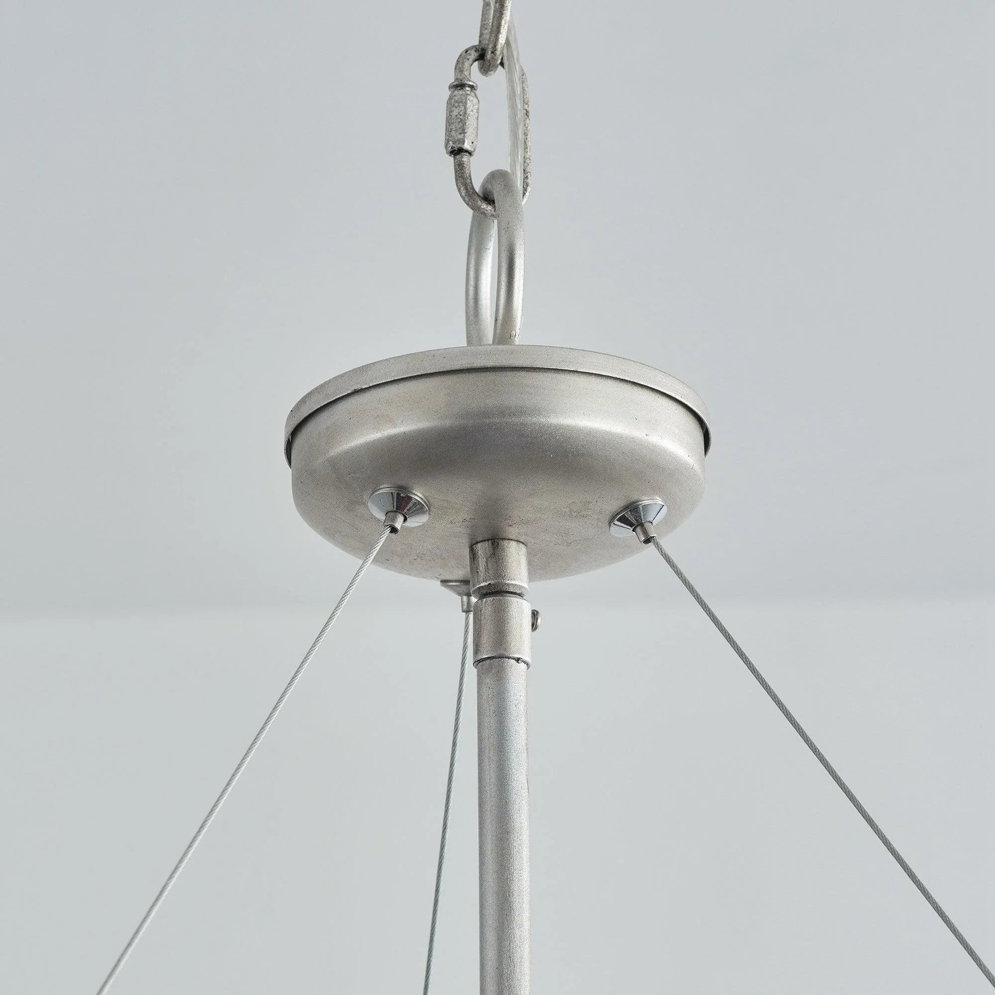 Satin nickel 4-light pendant mount with circular ceiling canopy and three mounting arms