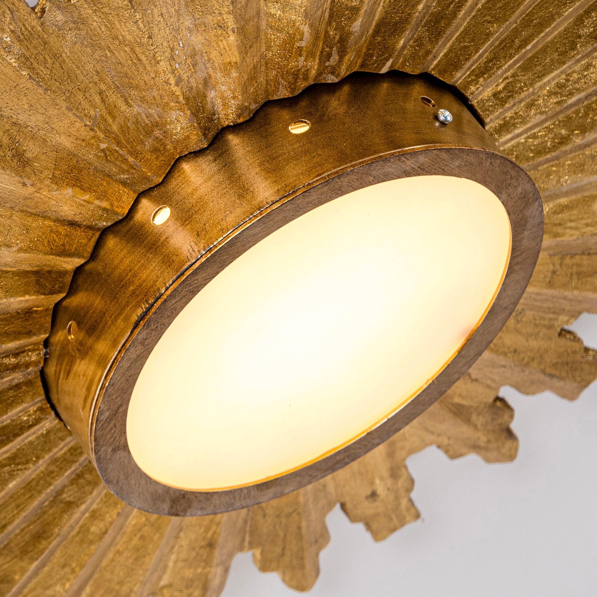 Golden flush mount LED ceiling light close-up of frosted round diffuser