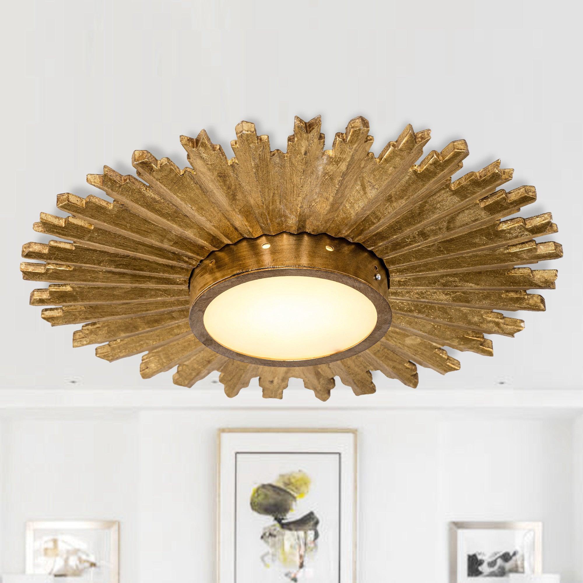Golden sunburst flush mount LED ceiling light with frosted glass diffuser