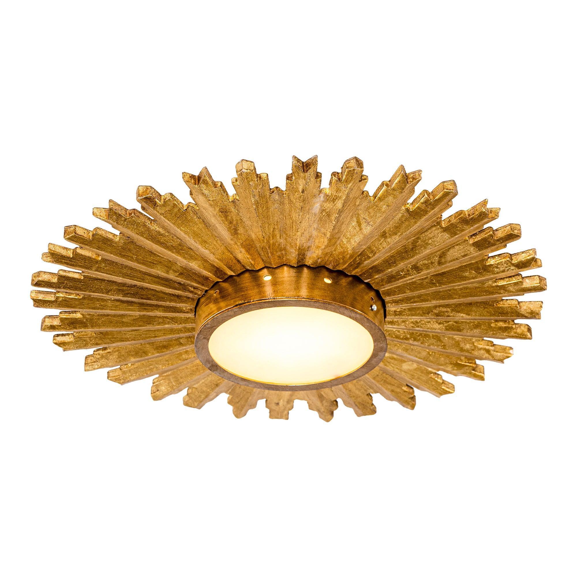 Golden sunburst flush mount LED ceiling light with round frosted center