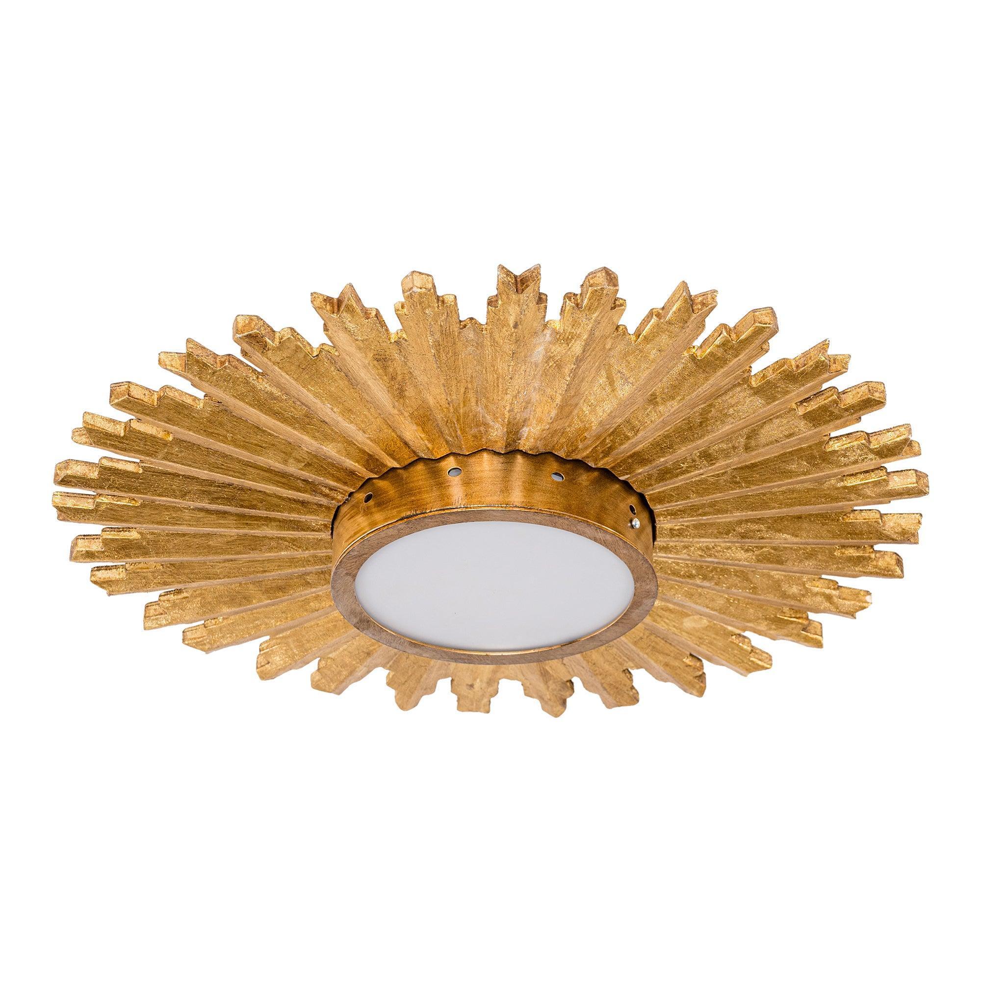 Golden sunburst flush mount LED ceiling light with round frosted diffuser, low profile