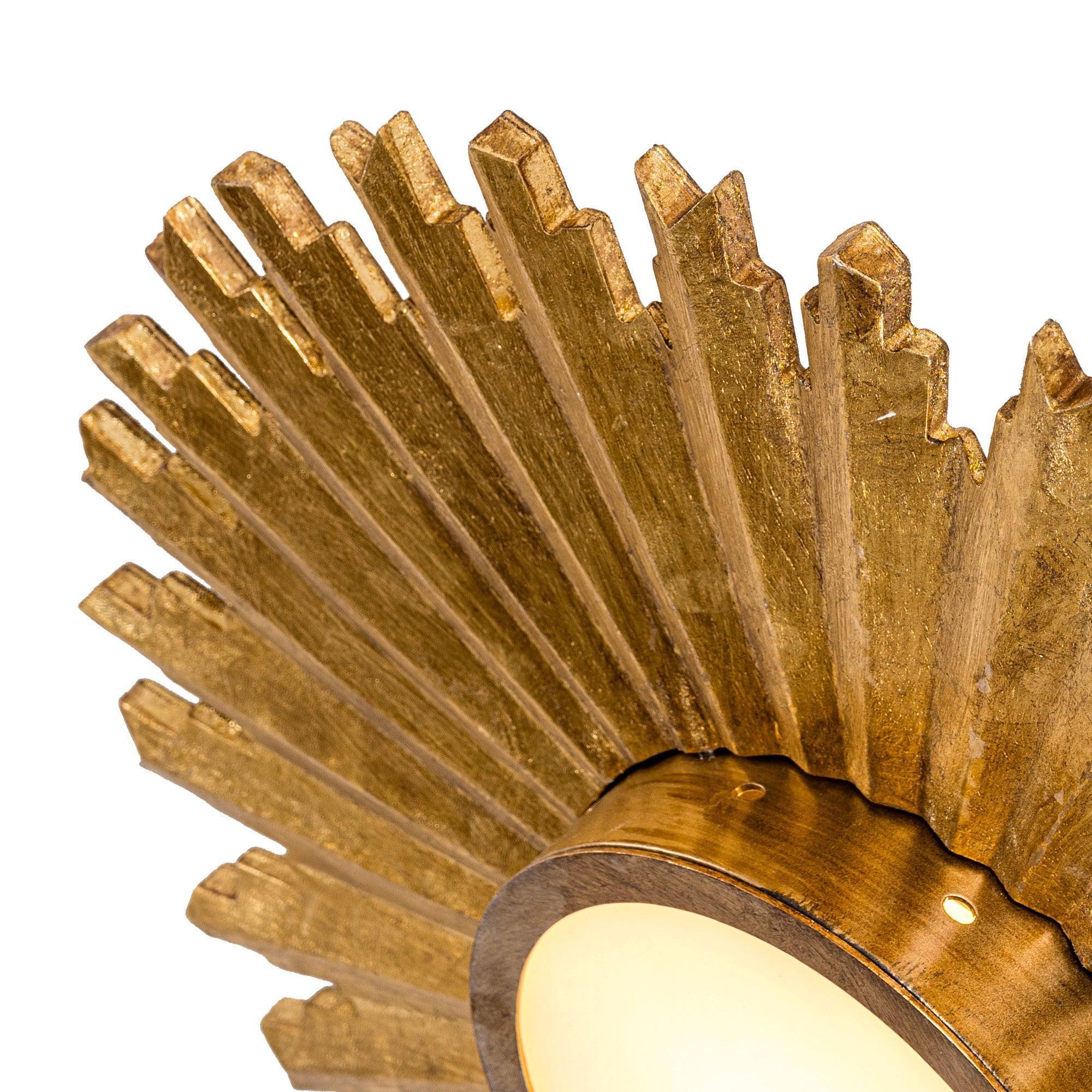 Golden sunburst flush mount LED ceiling light angled view of textured rays