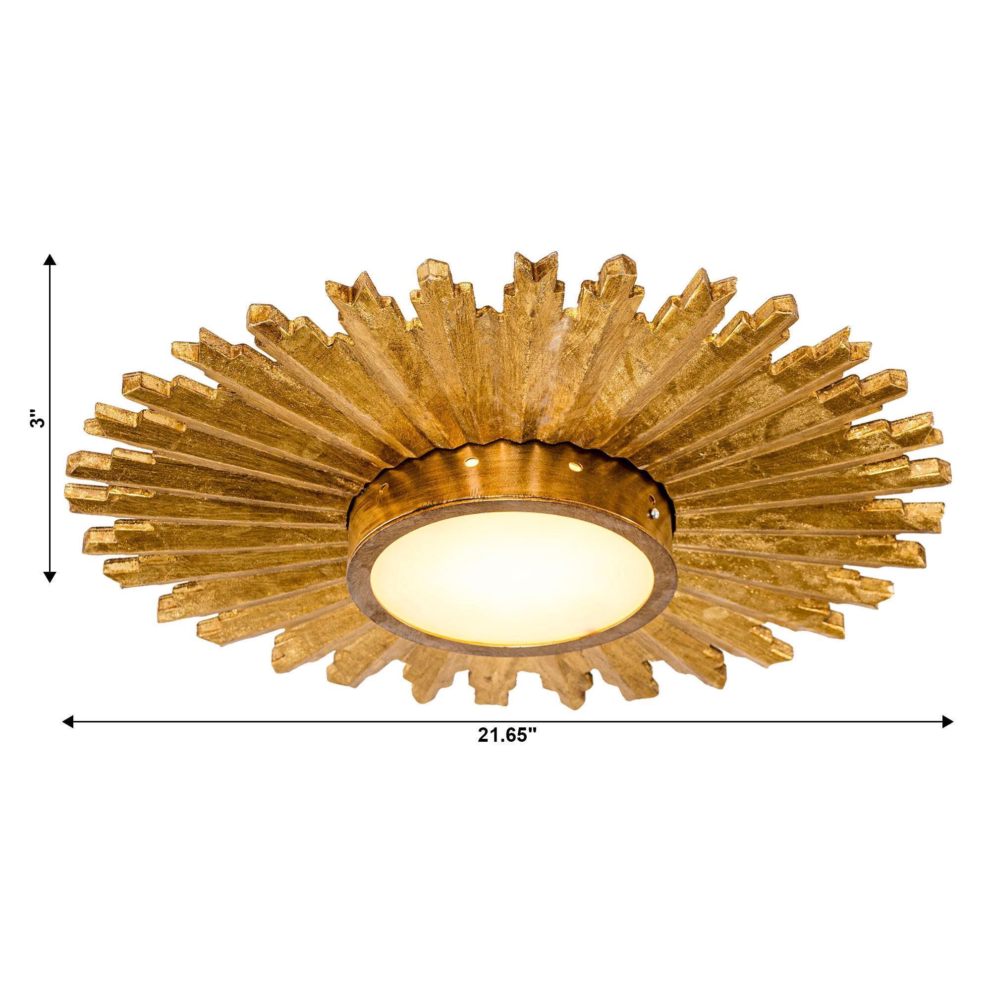 Golden sunburst flush mount LED ceiling light with round frosted diffuser and dark trim
