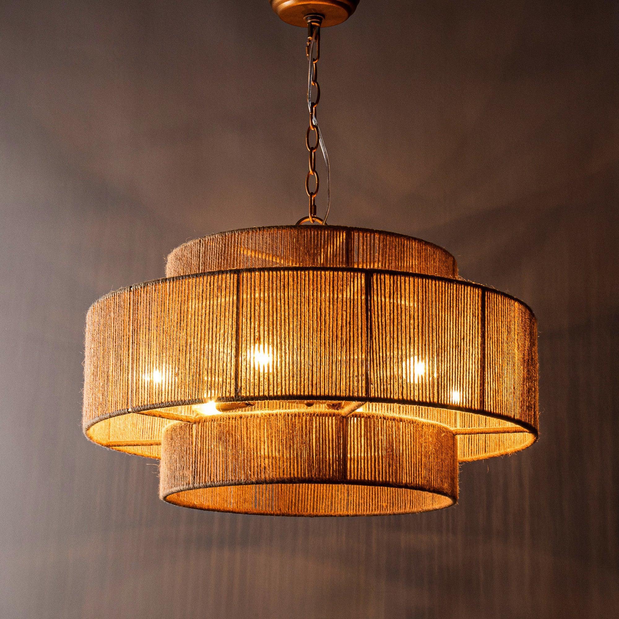 Antique gold chain-hung natural rope drum chandelier with two-tier shade