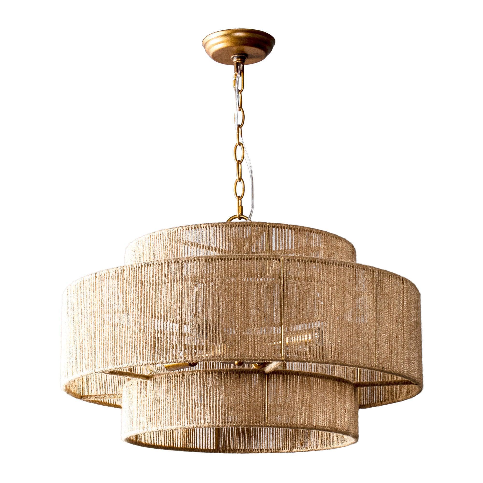 Natural rope drum chandelier with antique gold downrod mount and six-light shades