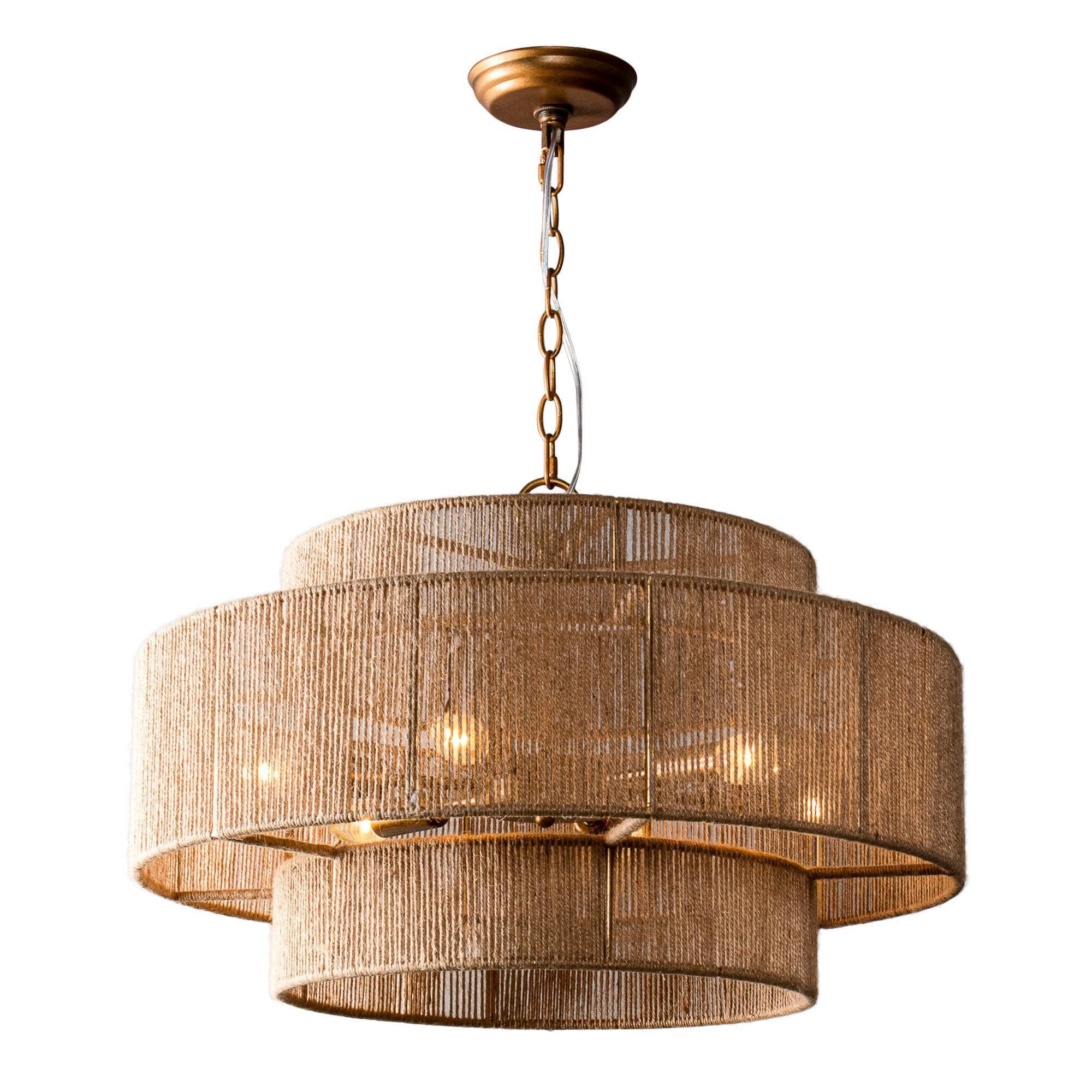 Natural rope drum pendant chandelier with antique gold downrod and six-light shade