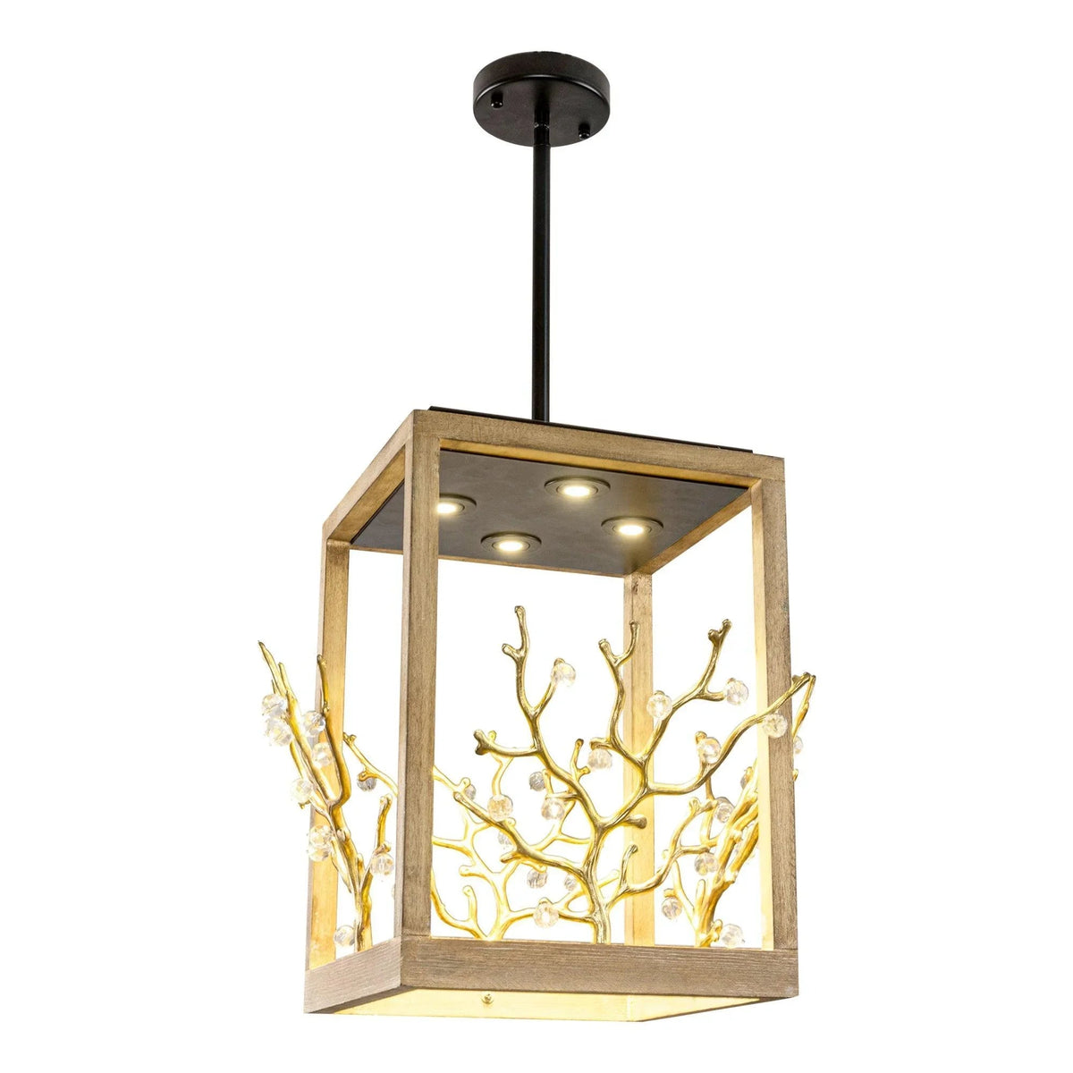 Golden 4-light branch island pendant light with black cord and round ceiling mount