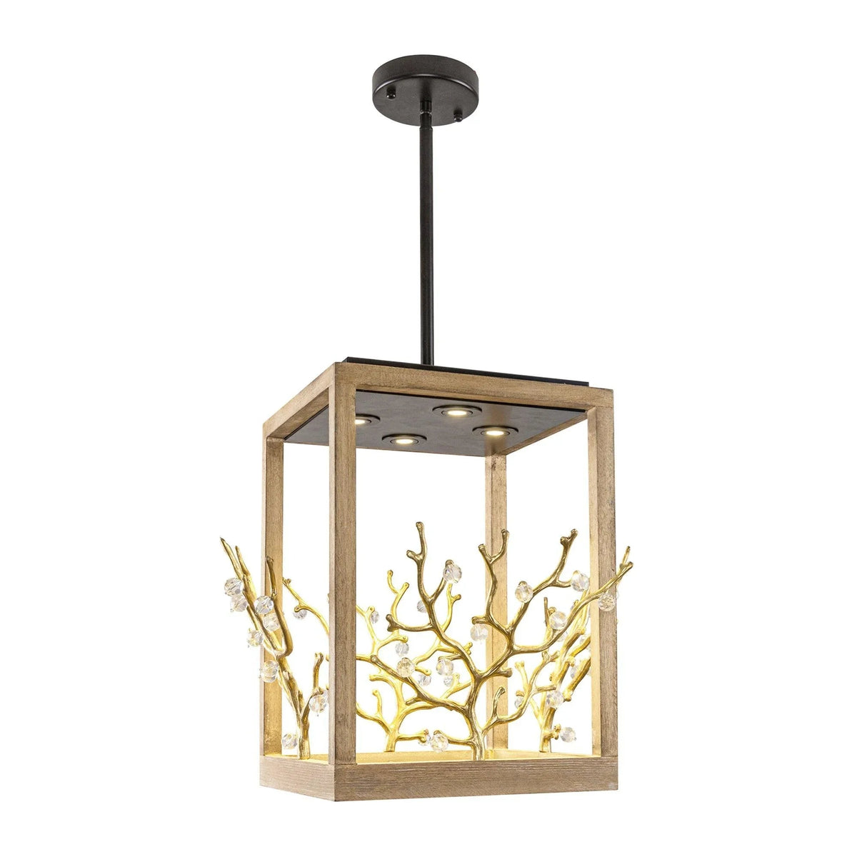 Golden 4-light branch pendant light with rectangular frame and clear glass enclosure
