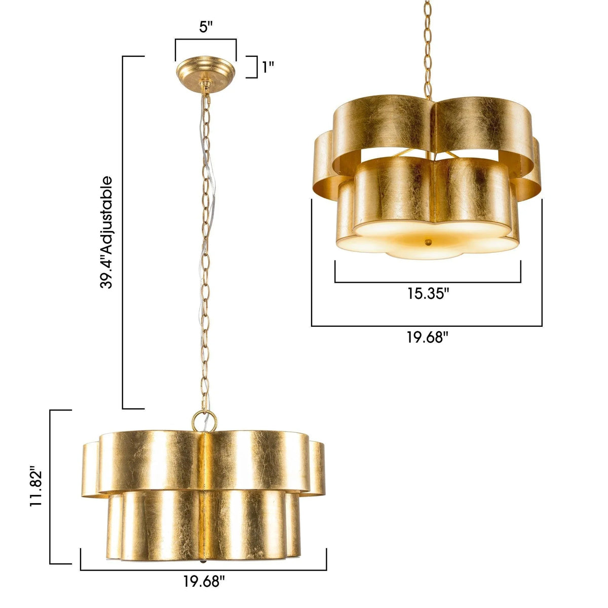 Golden pendant light size diagram with chain and 19.68 in x 15.35 in dimensions