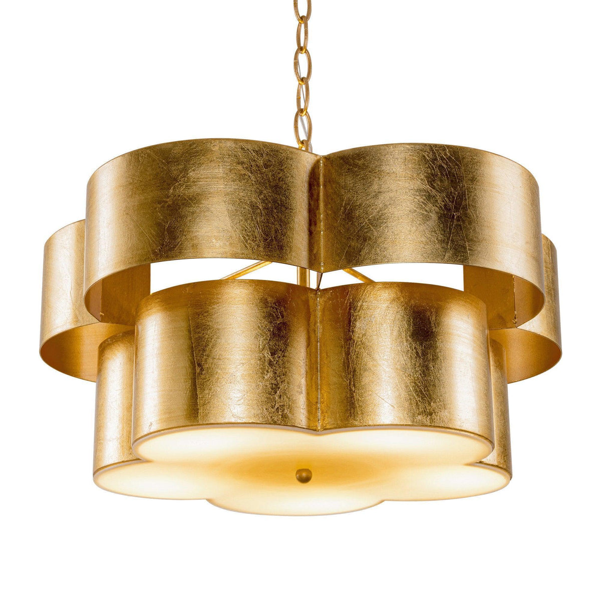 Golden iron pendant with tiered drum shade and hanging metal chain