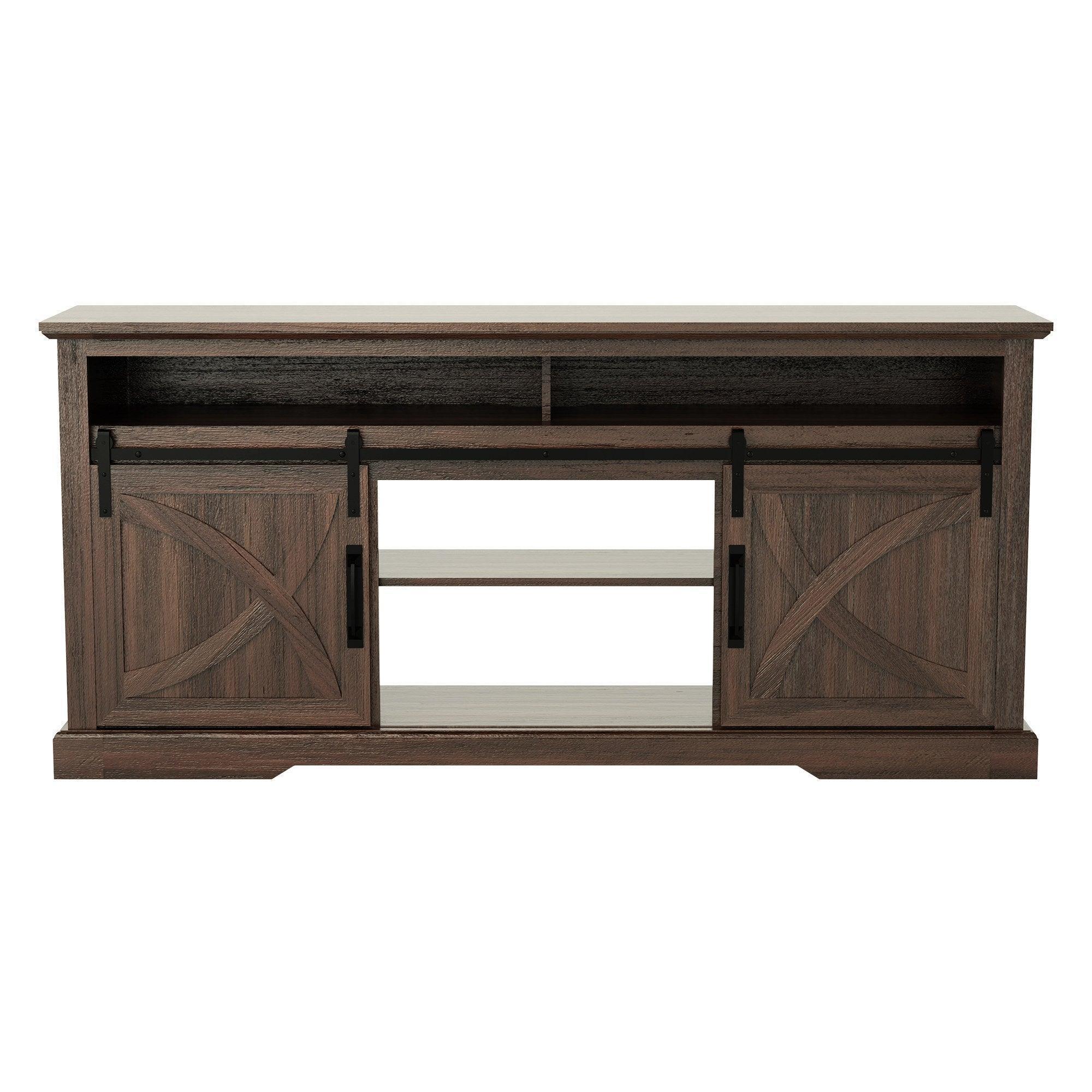 Brown farmhouse TV stand with double sliding barn doors and central open shelf