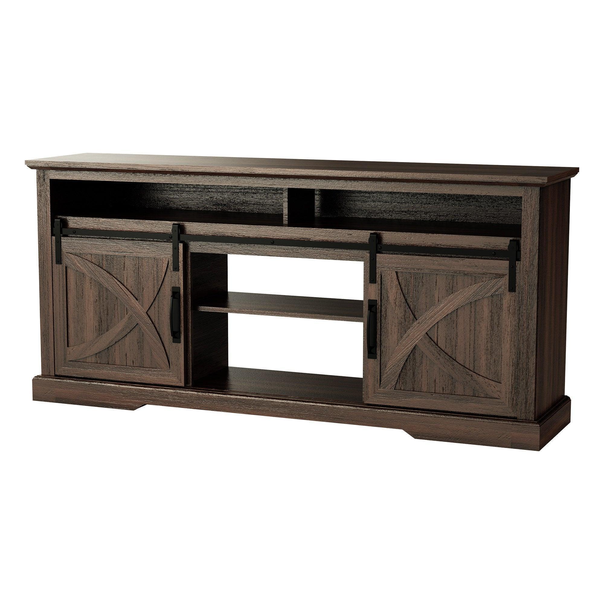 Brown farmhouse TV stand with double sliding barn doors and central open shelving