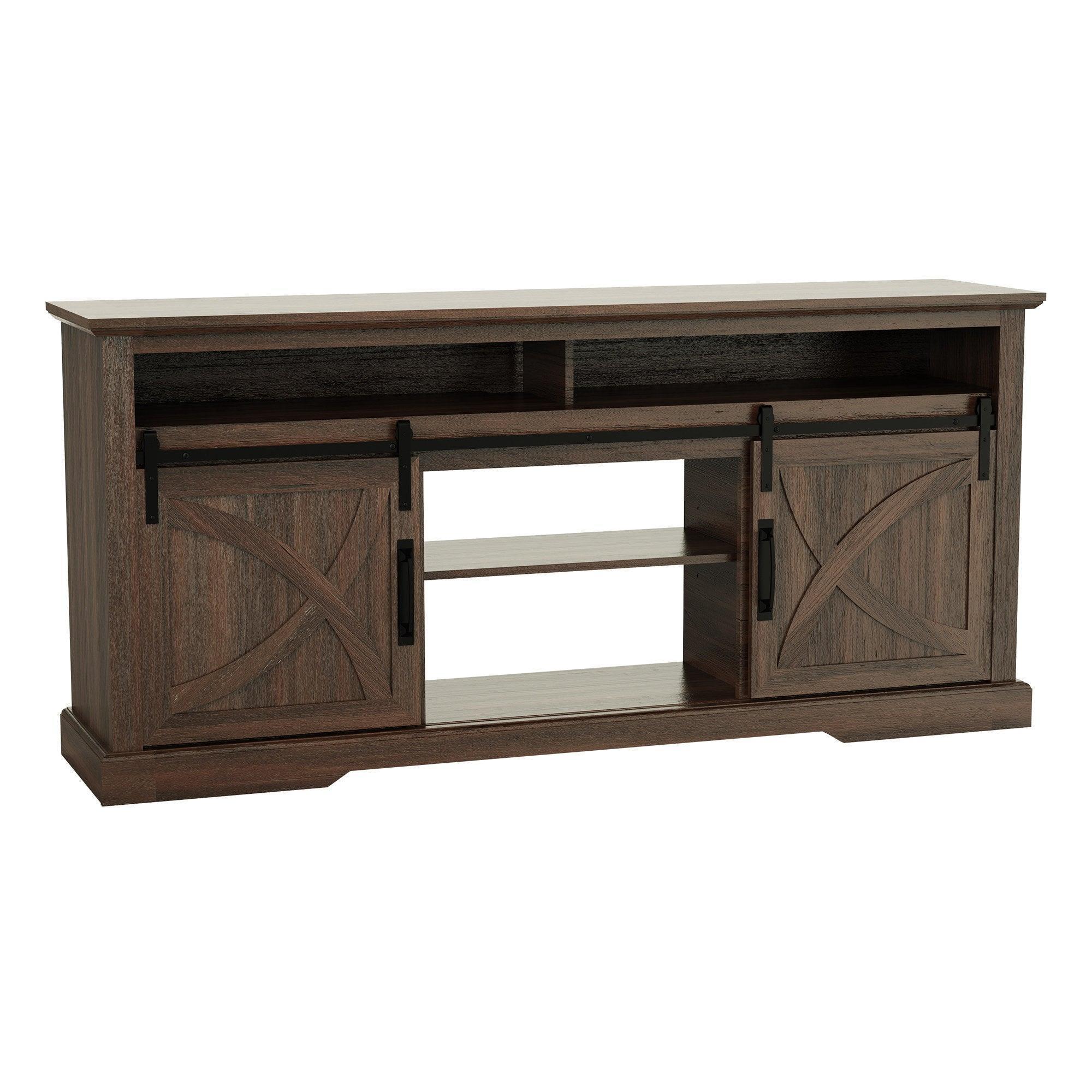Brown TV stand with double sliding barn doors, open center compartment, and internal shelves