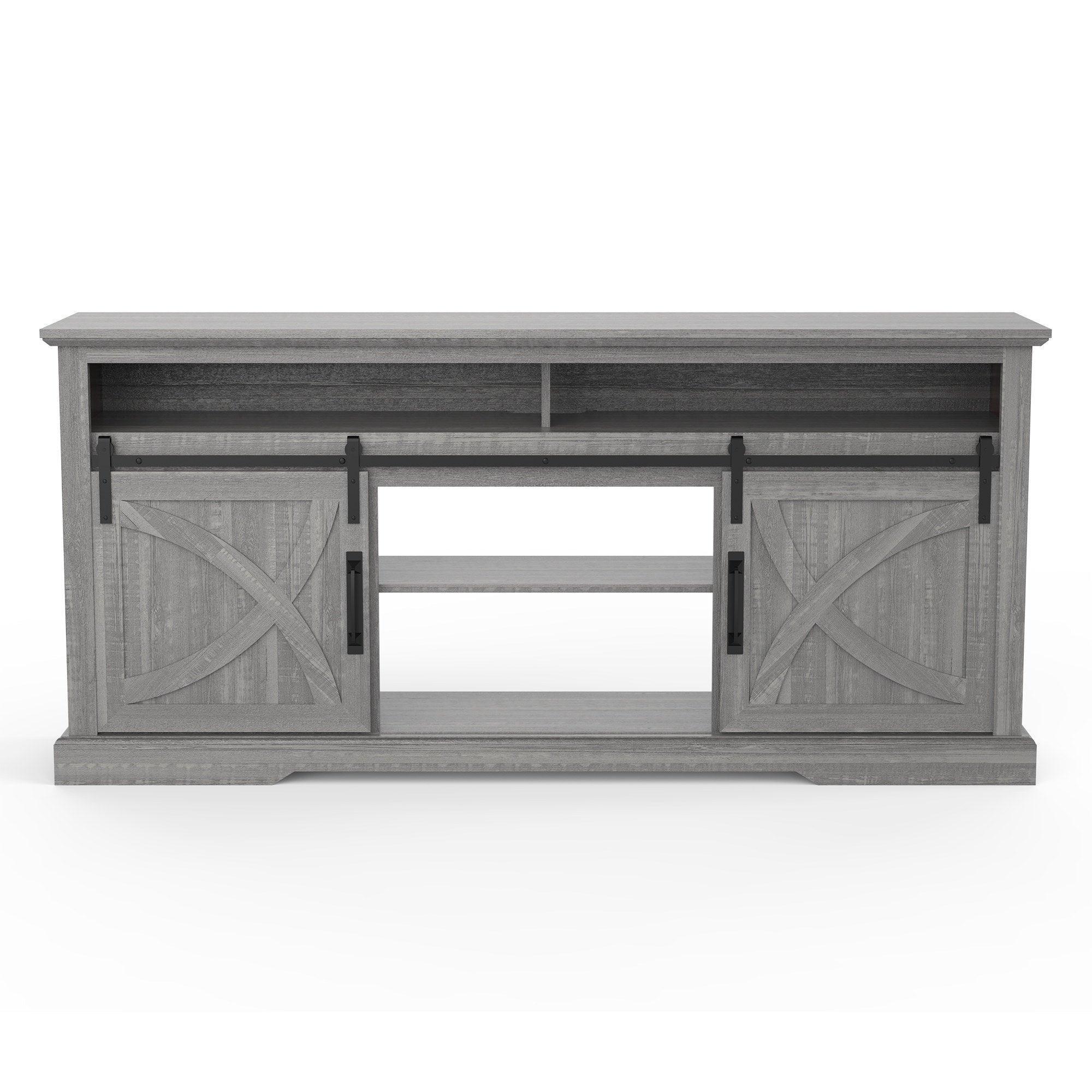 Grey TV stand with double sliding barn doors and decorative panel door fronts