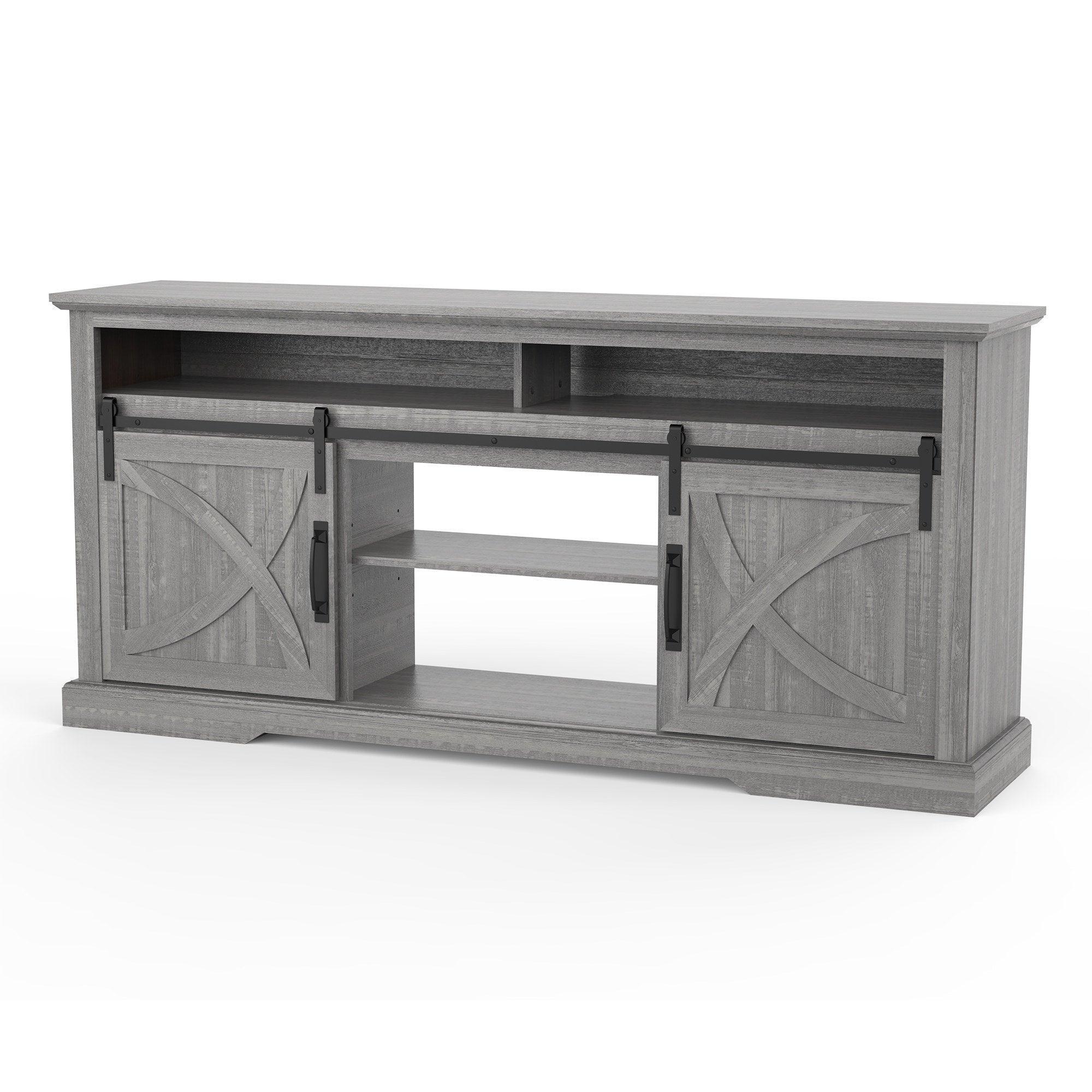 Grey farmhouse TV stand with two sliding barn doors, central shelf, and lower storage