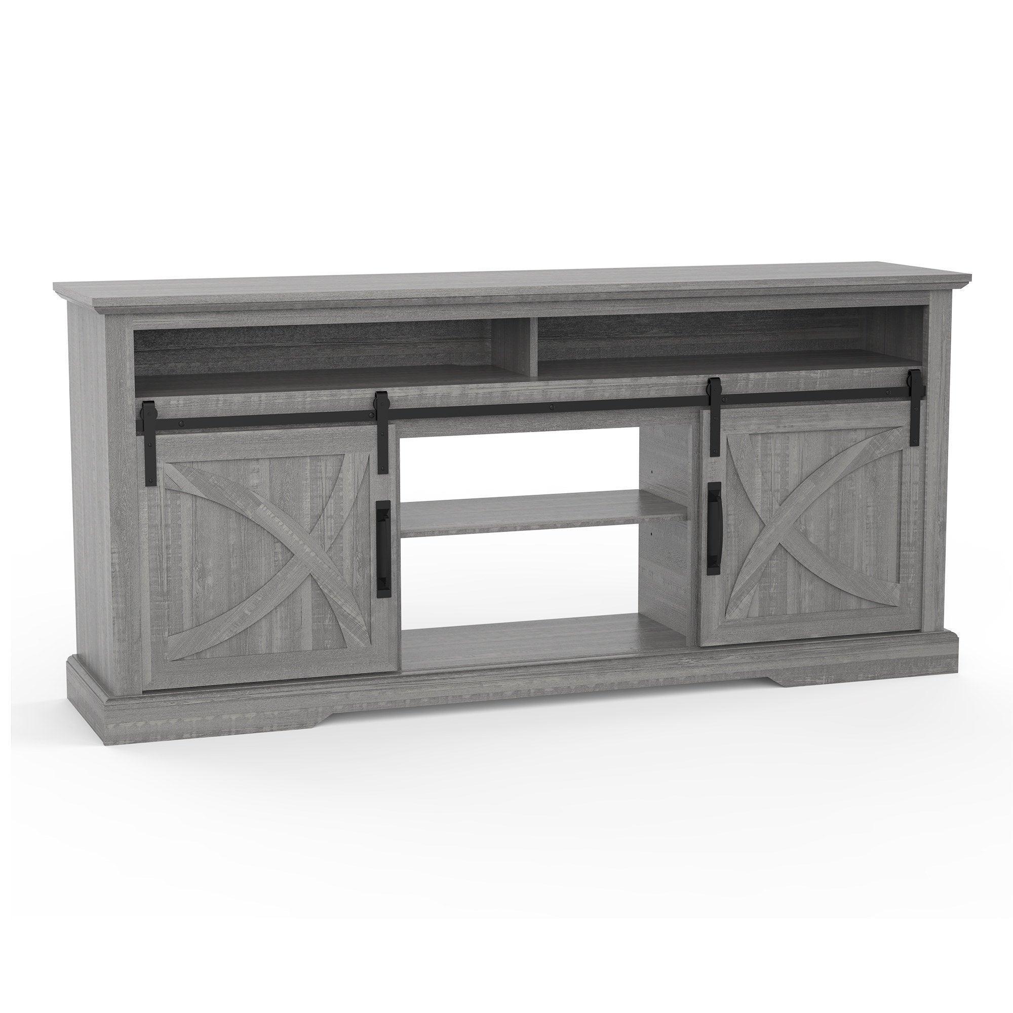 Grey farmhouse TV stand with double sliding barn doors and central open shelf