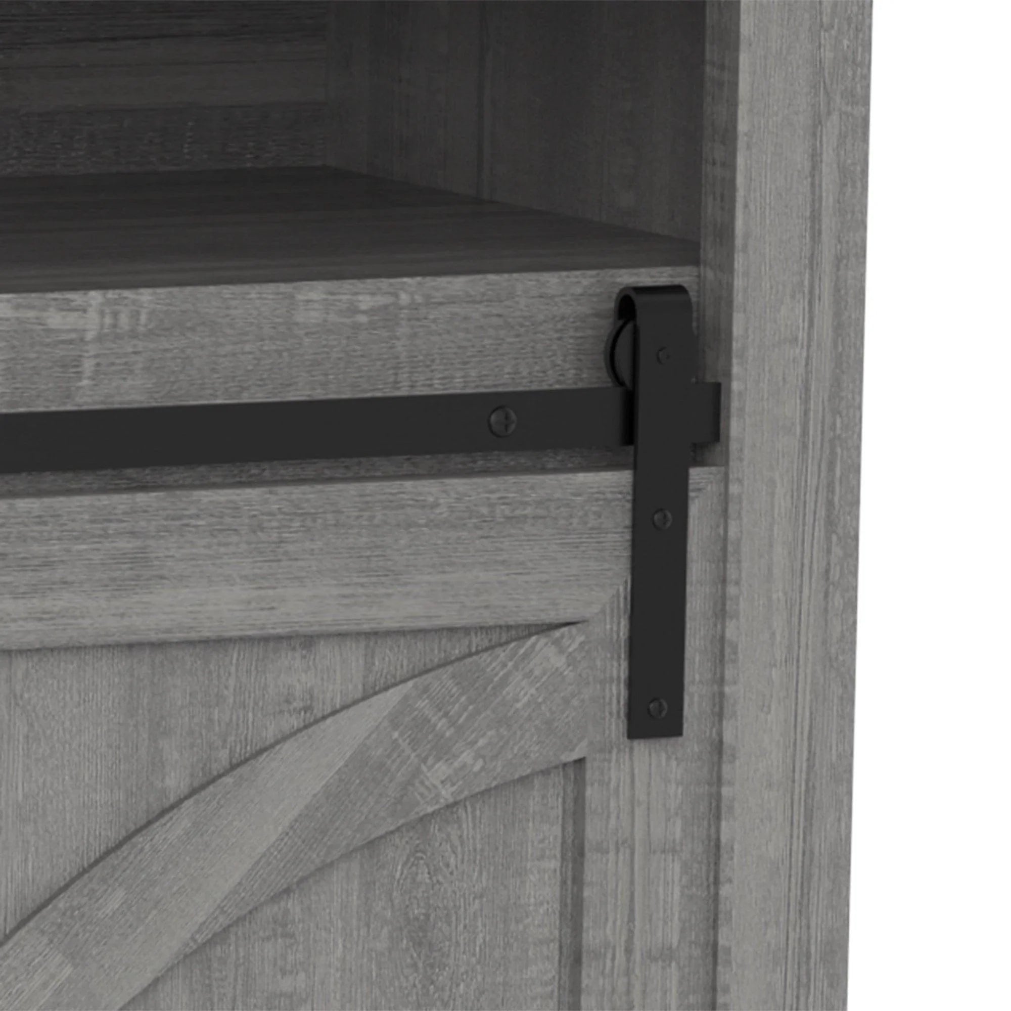 Grey sliding barn door handle on TV stand with mounting plate