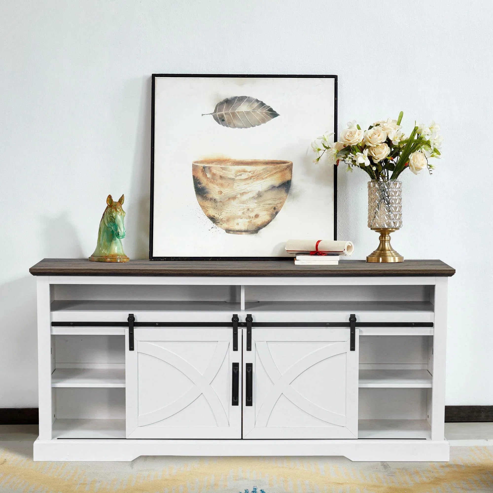 White farmhouse TV stand with double sliding barn doors and center open cubby