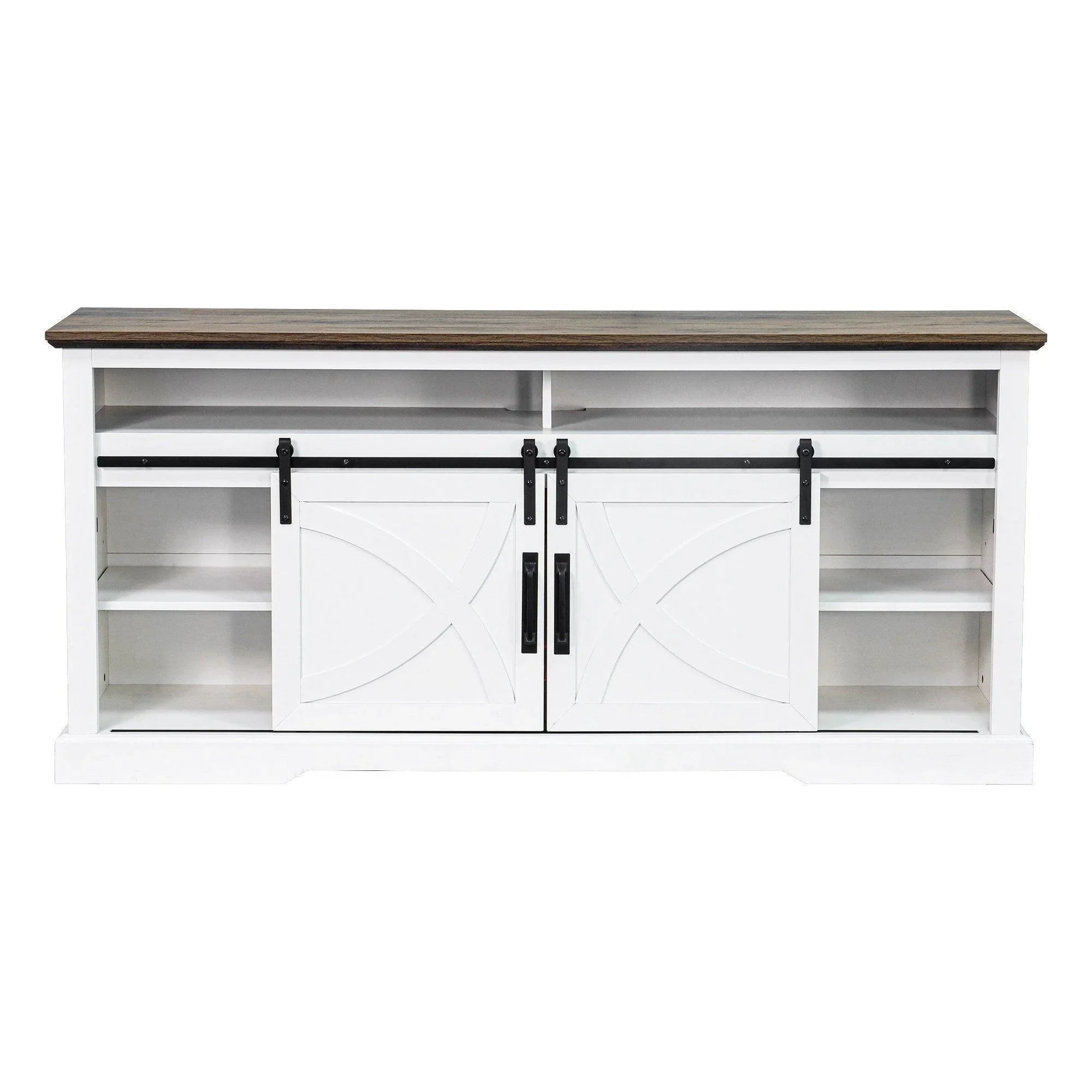 White farmhouse TV stand with double sliding barn doors and open side shelves