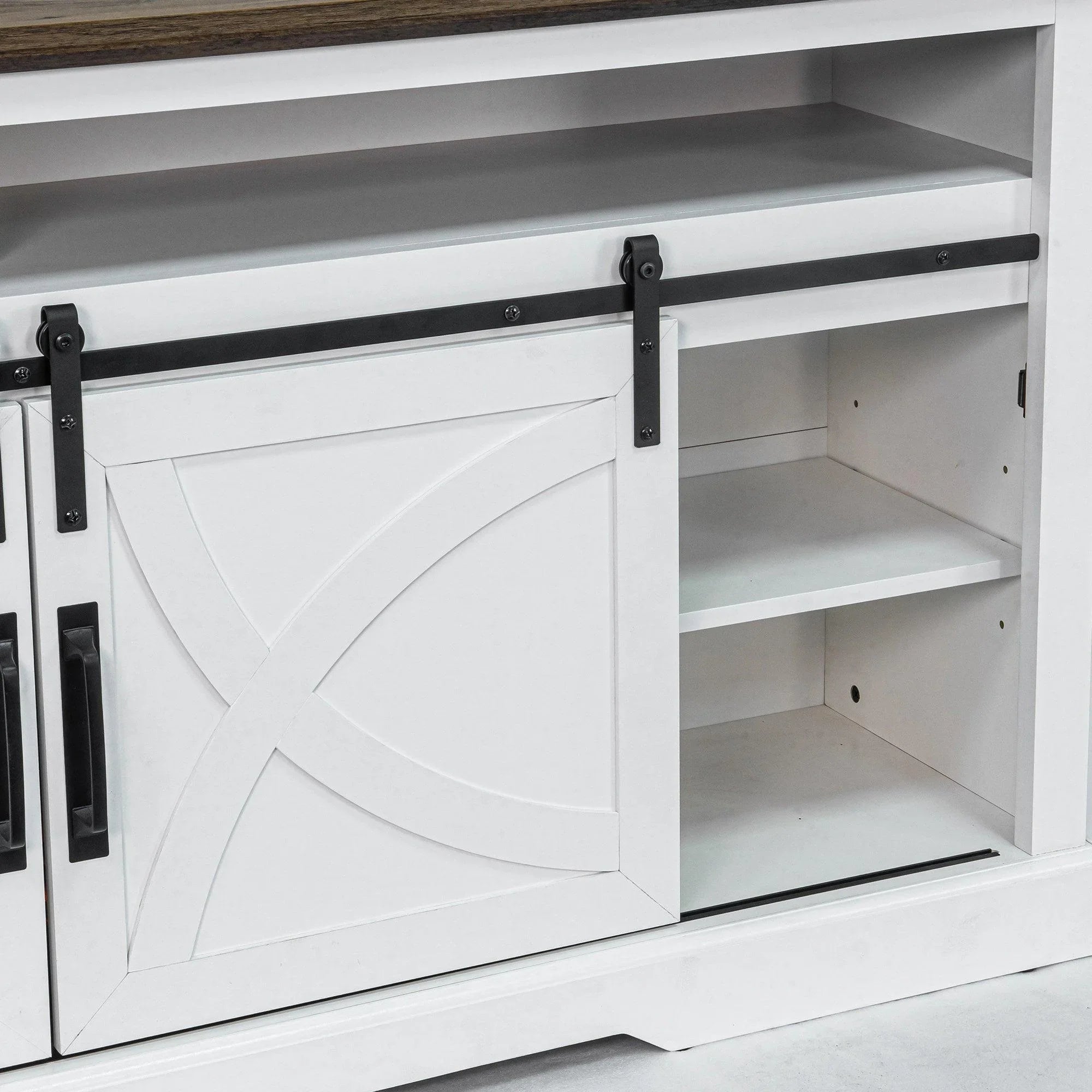 White farmhouse TV stand with double sliding barn doors and open shelves