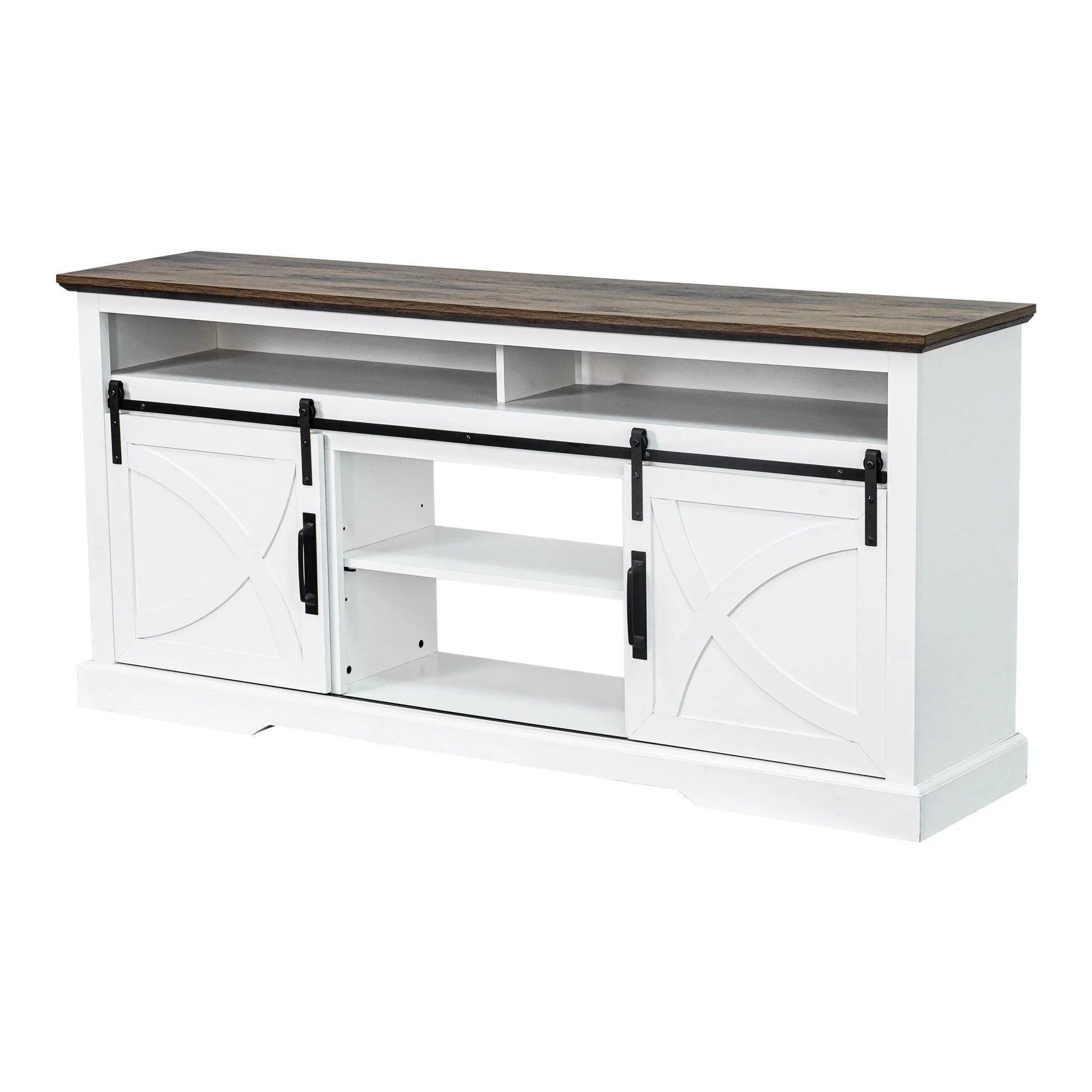 White farmhouse TV stand with double sliding barn doors and open media shelves