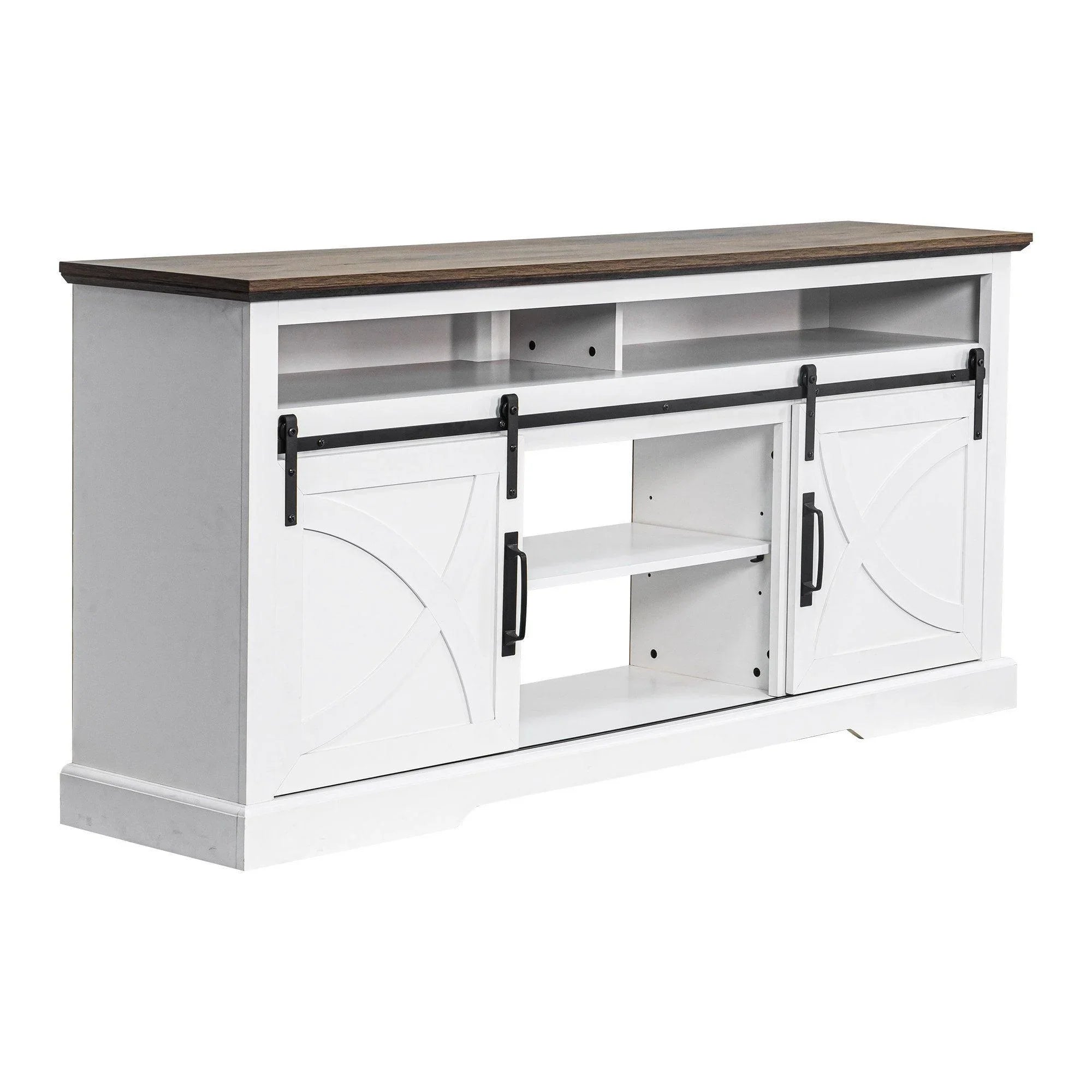 White farmhouse TV stand with double sliding barn doors, open shelves and dark bar pulls