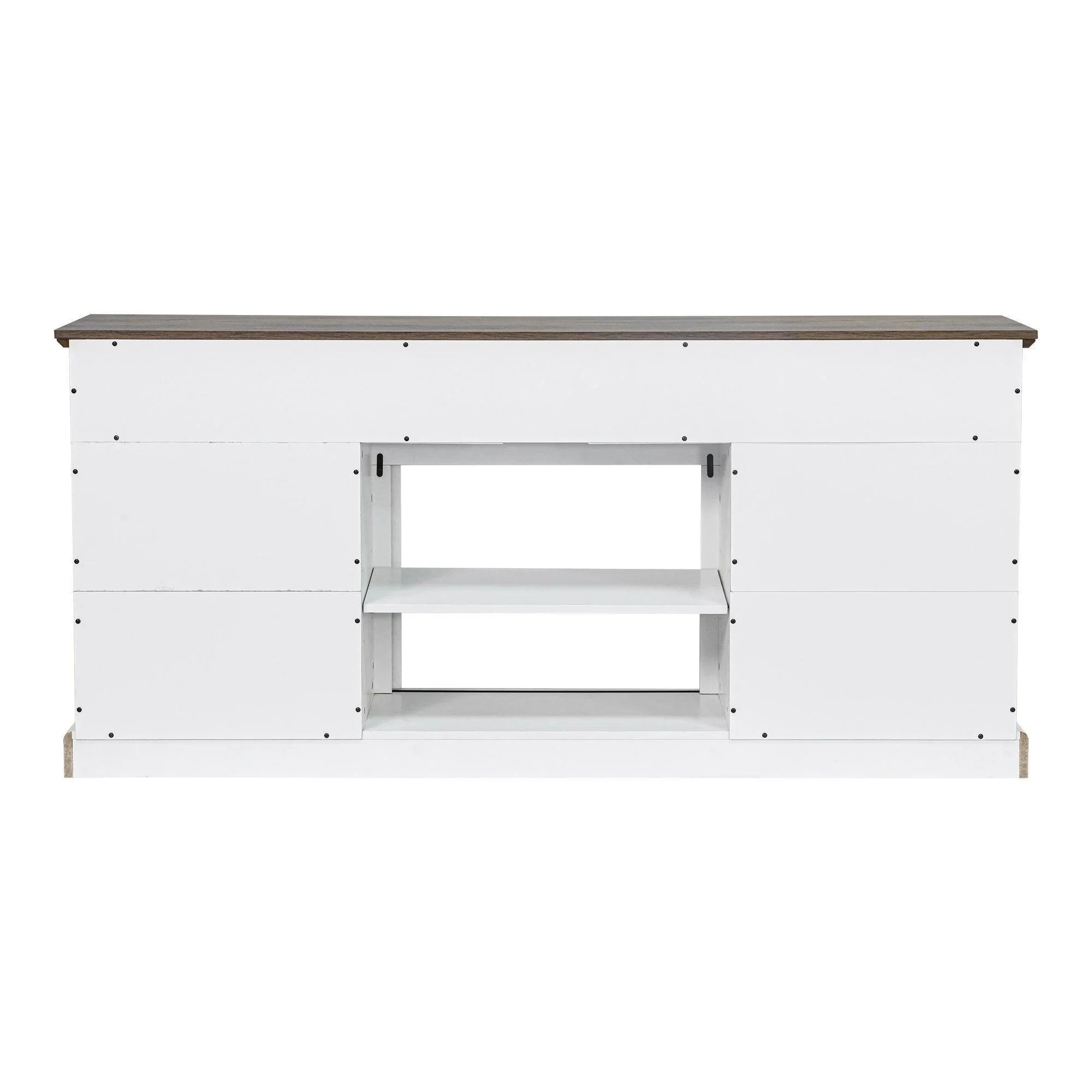 White TV stand interior view with central shelf and open compartments behind barn-style doors