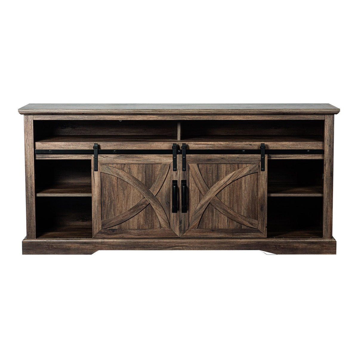 Dark brown farmhouse TV stand with two cabinet doors and open shelving, no fireplace insert
