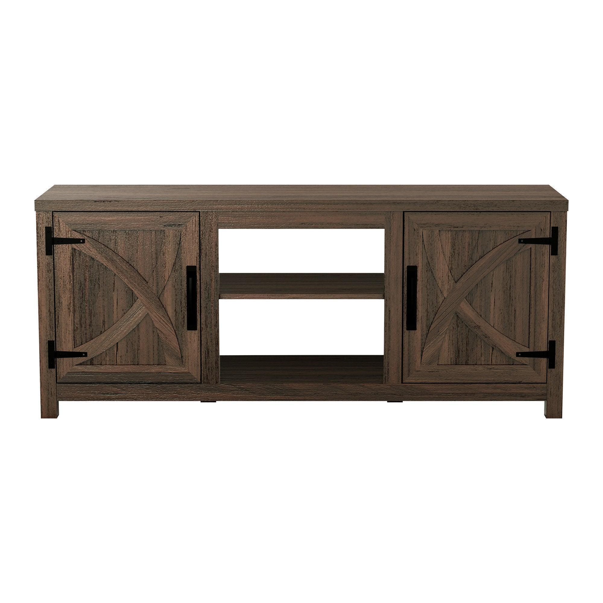 Dark brown TV stand with X-style door panels and open center shelf