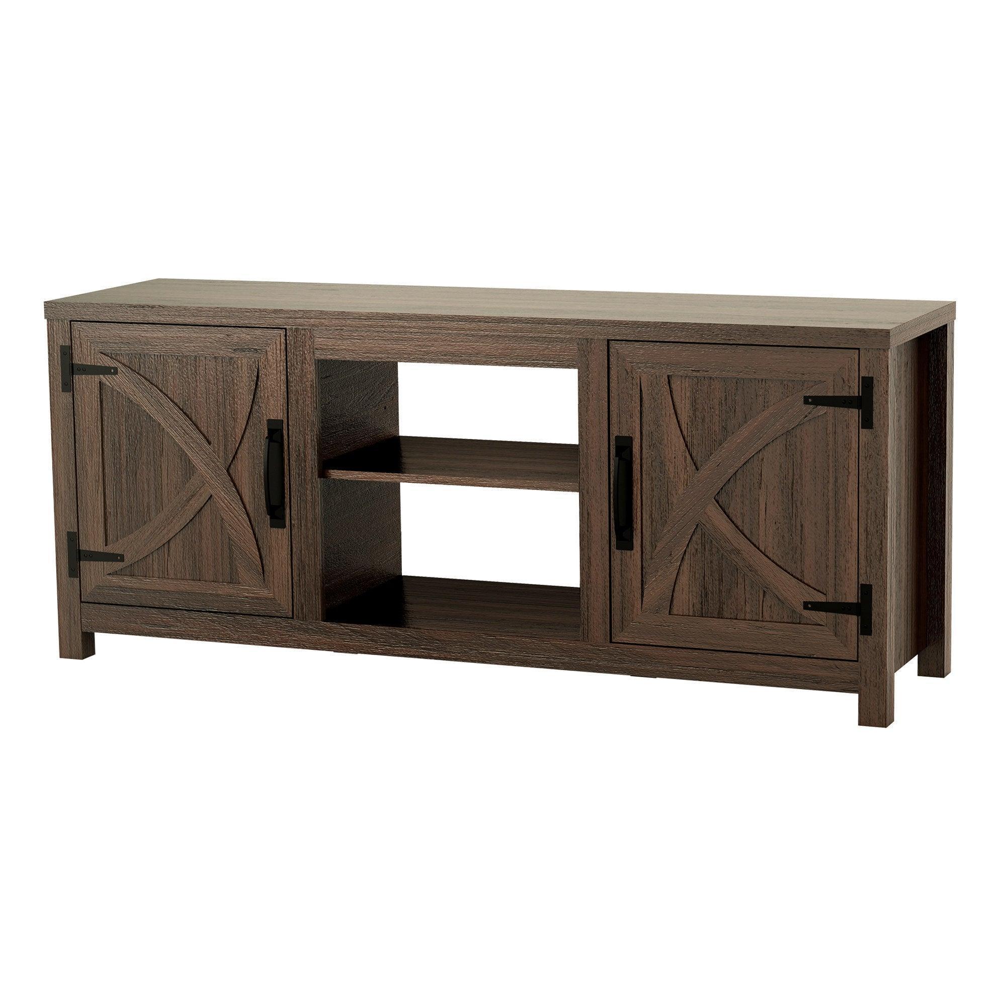 Dark brown TV stand with open center shelf and X-motif cabinet doors