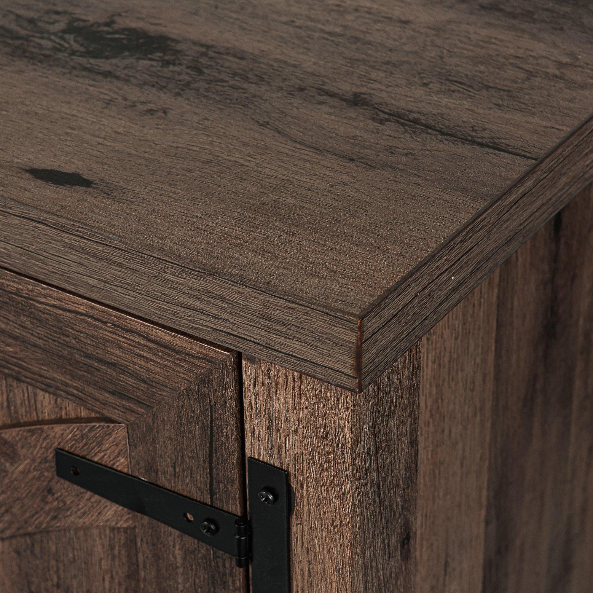 Dark brown wood TV stand corner with black hinge hardware detail