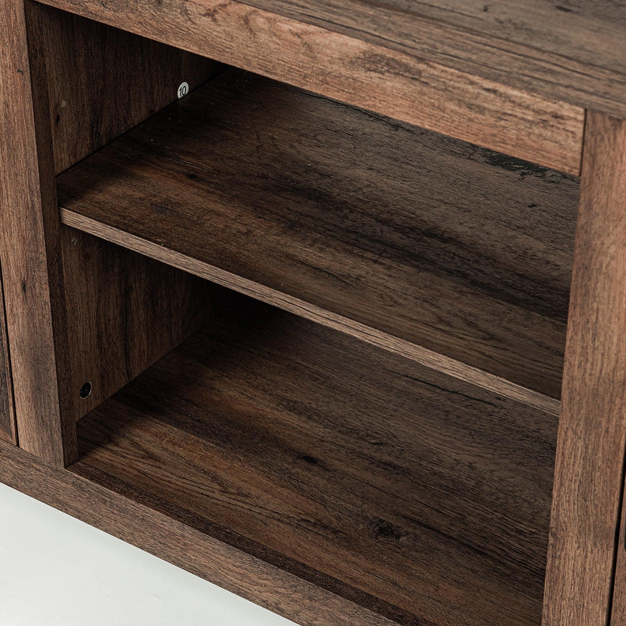 Inside view of dark brown TV stand with two cabinet shelves