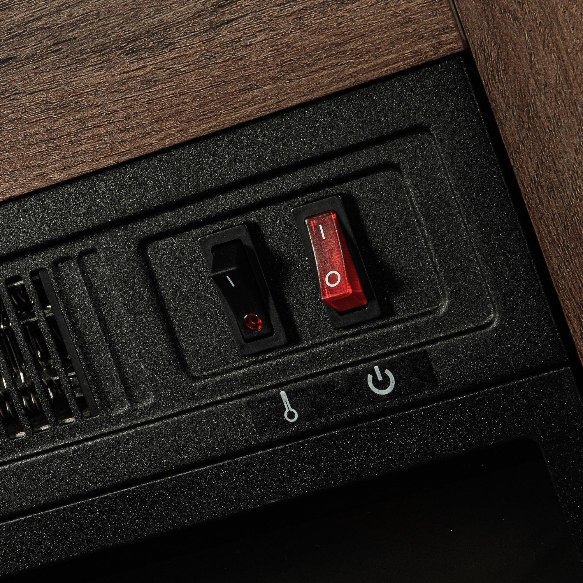 Brown TV stand power panel with rocker switches and included outlet module