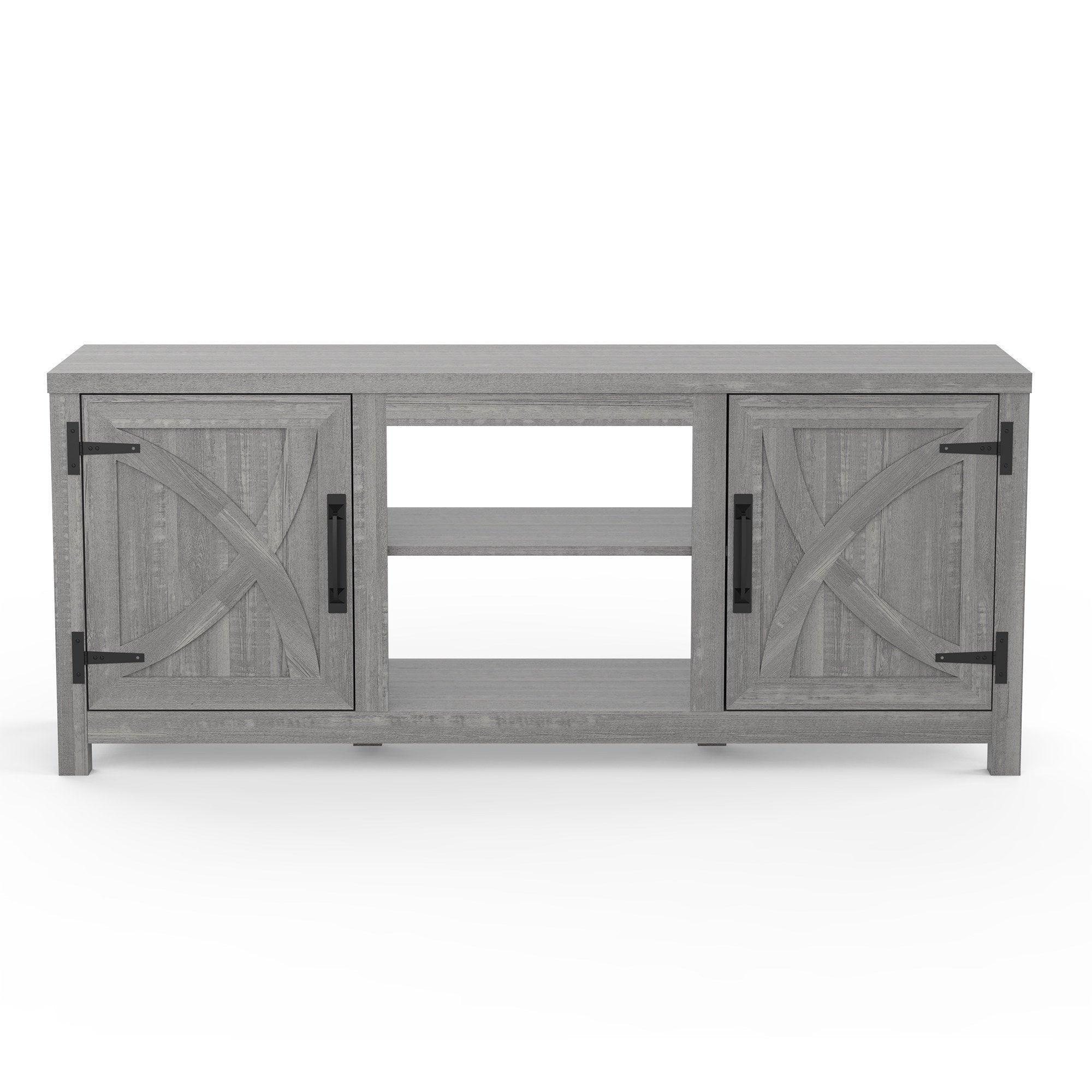 Grey TV stand cabinet with two door panels and open center storage shelf