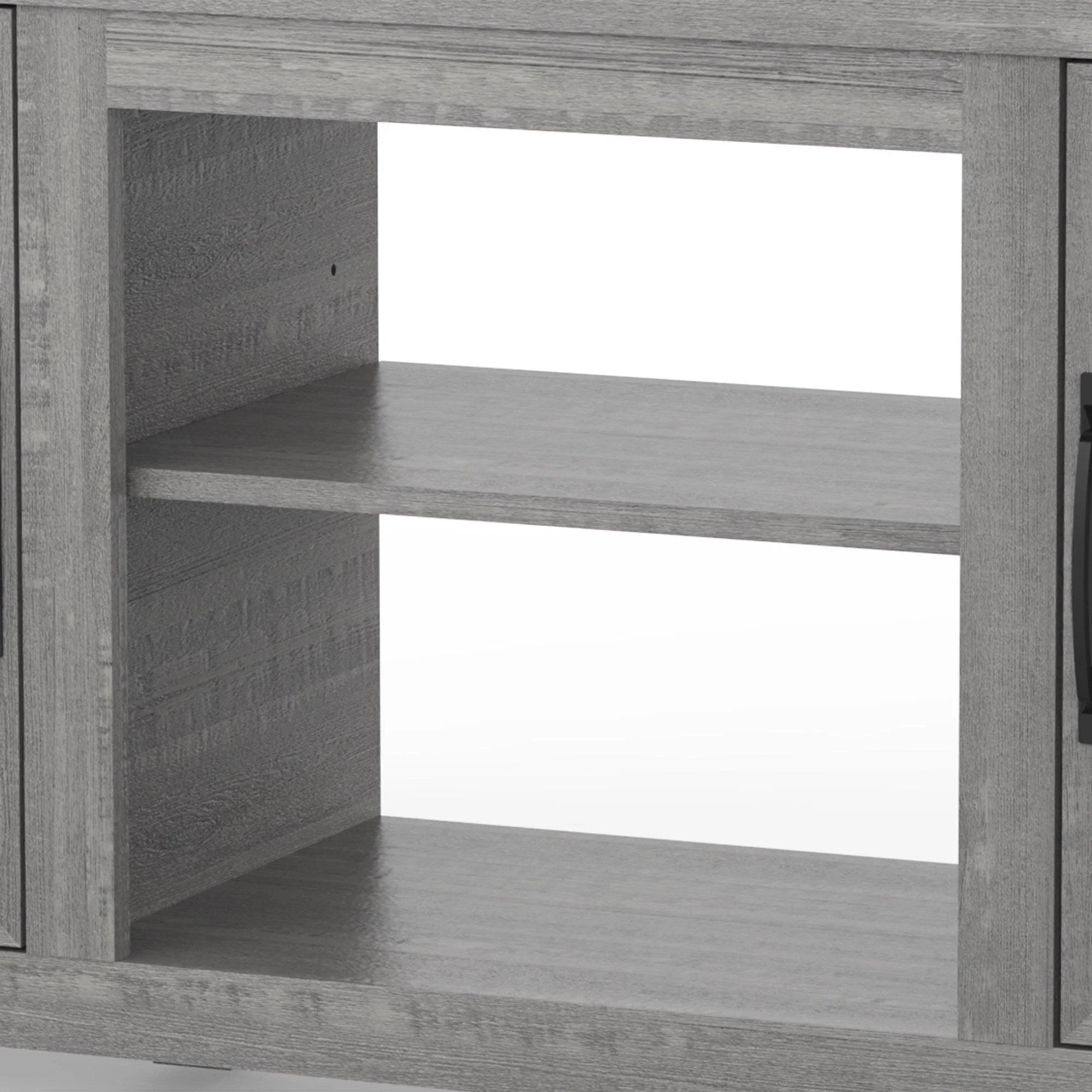 Grey TV stand interior with two open shelves and cabinet side panels