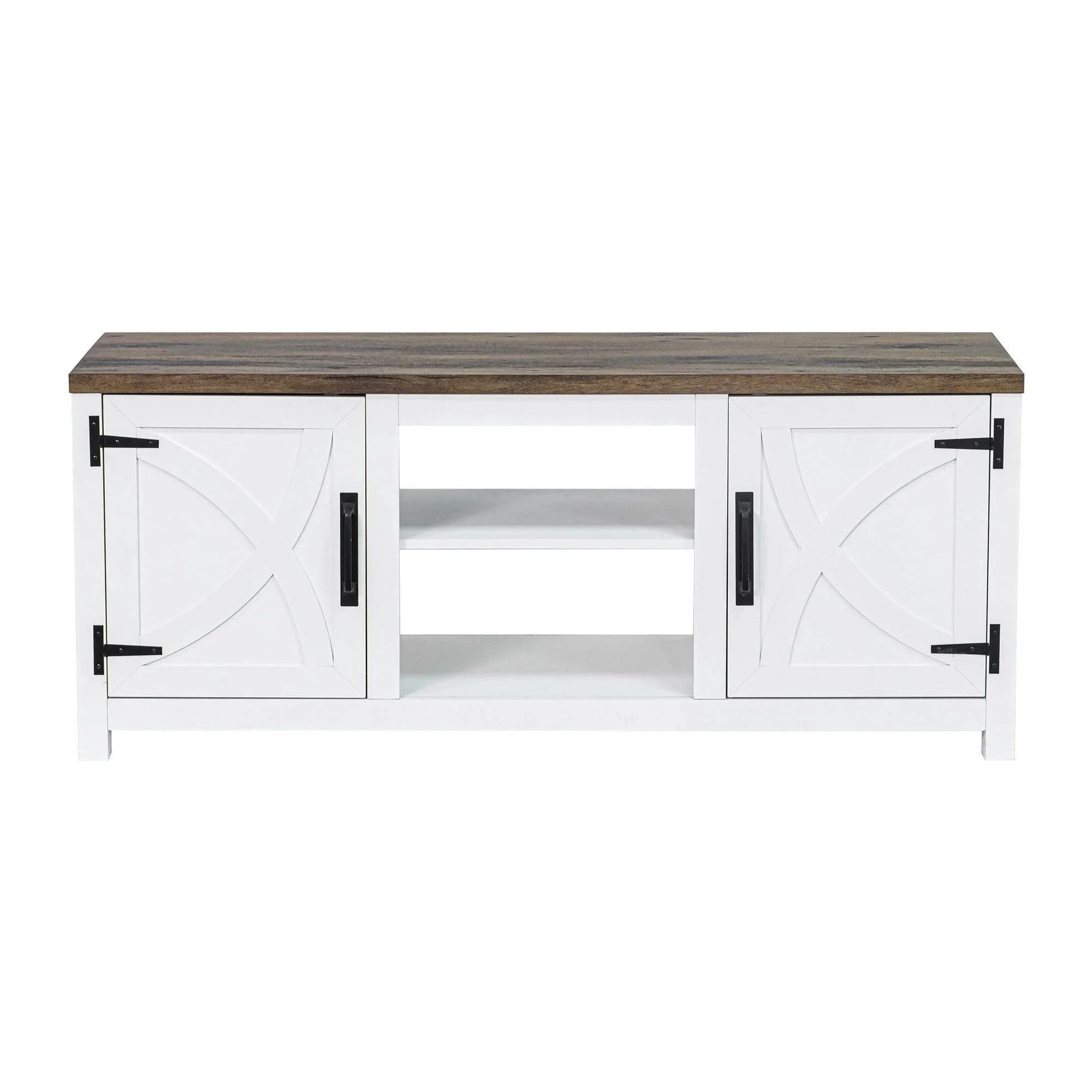 White farmhouse TV stand with two cabinet doors, two open shelves, and dark wood top