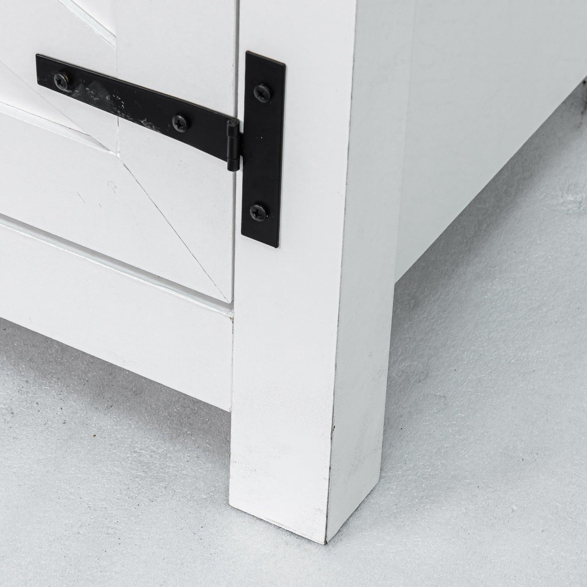 White cabinet door hinge and latch hardware on farmhouse TV stand