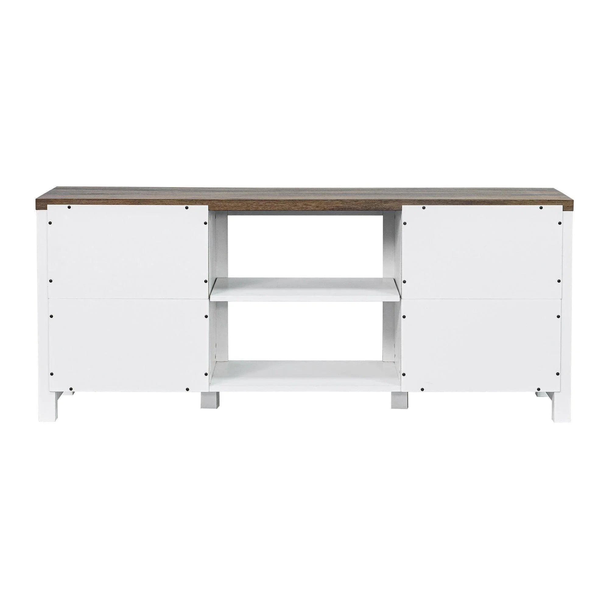 White TV stand cabinet base with open center shelf and side storage compartments