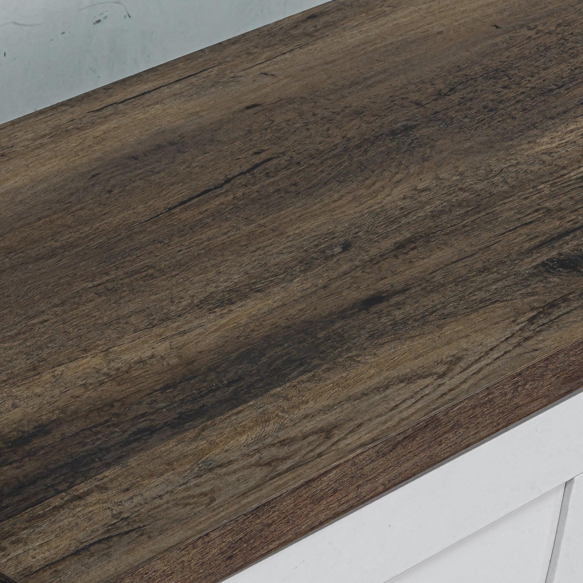 Wood TV stand top surface in dark brown with visible grain