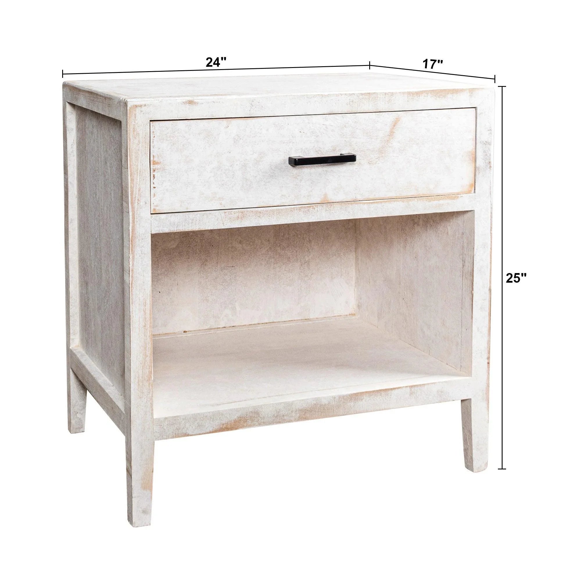 White solid wood 1-drawer nightstand, front and side view
