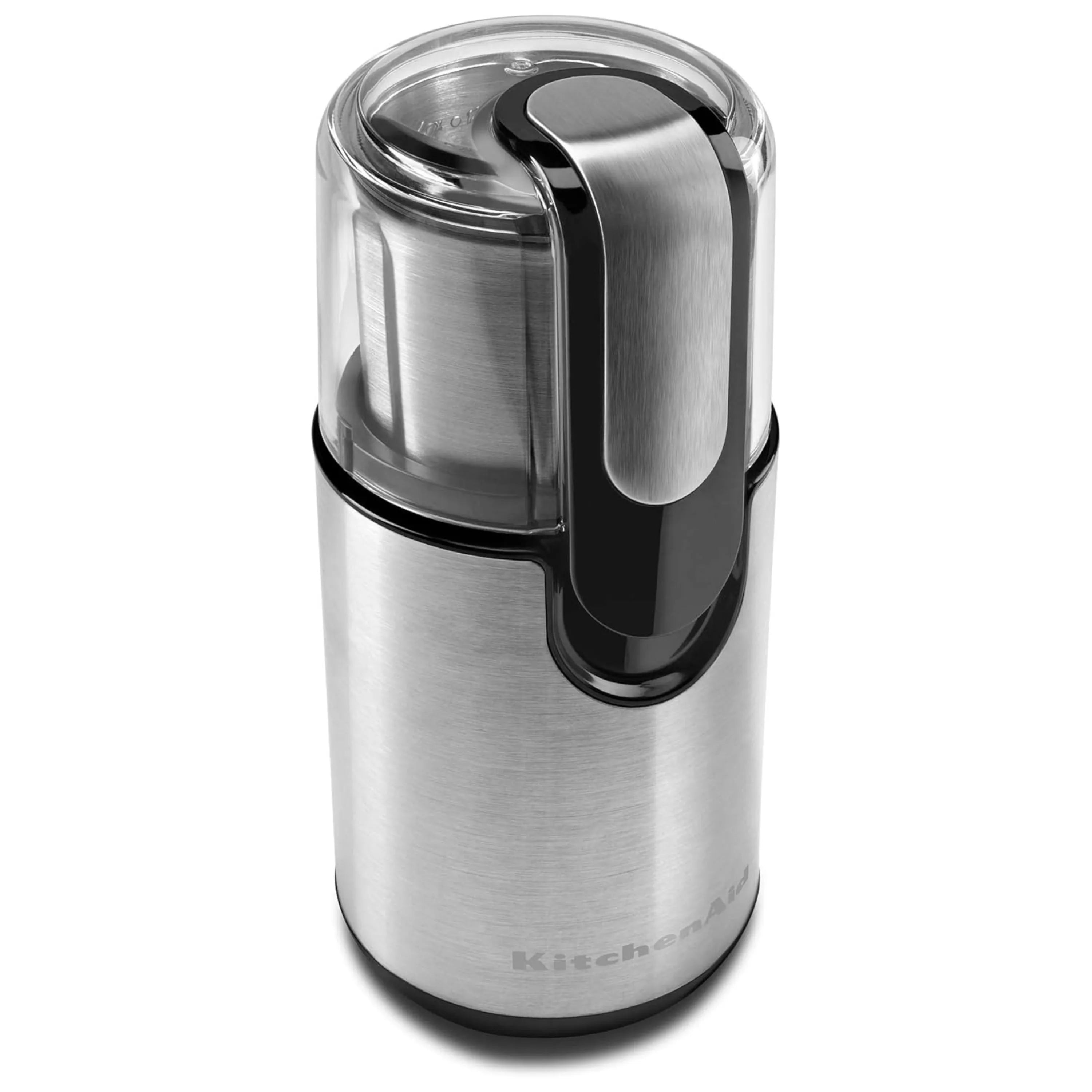 Stainless steel coffee grinder with clear lid and black latch handle