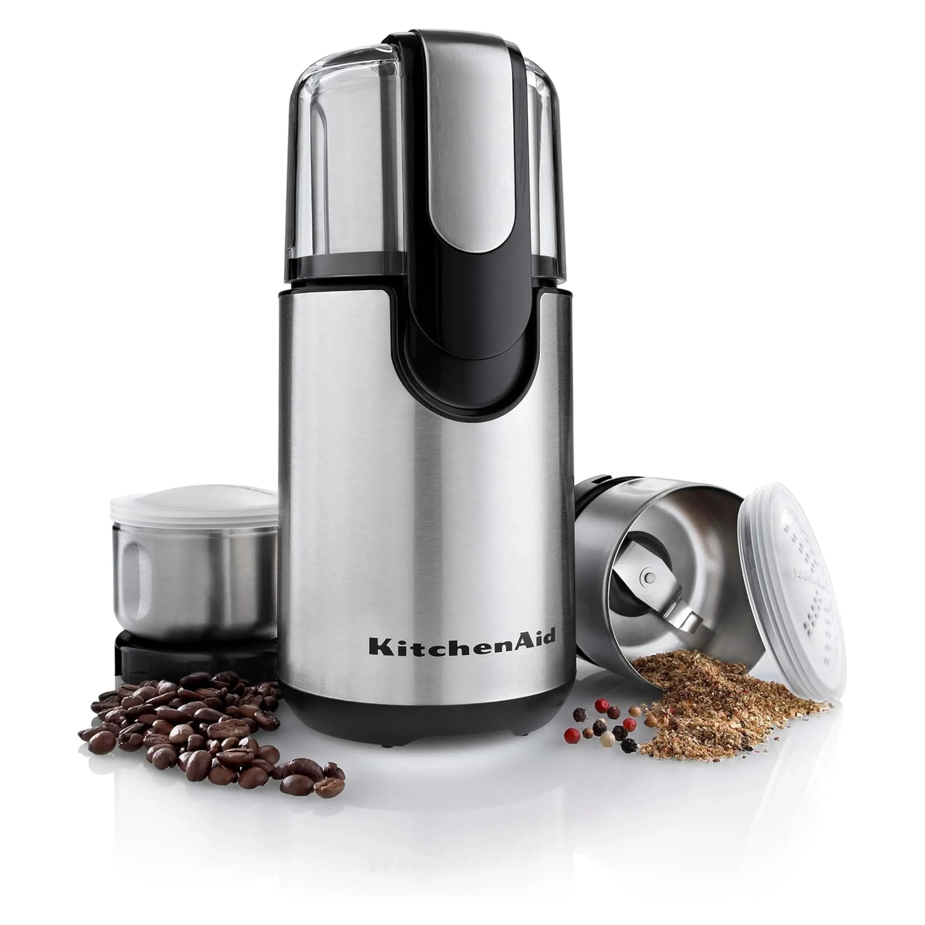 Stainless KitchenAid blade grinder with open lid, coffee beans and spices