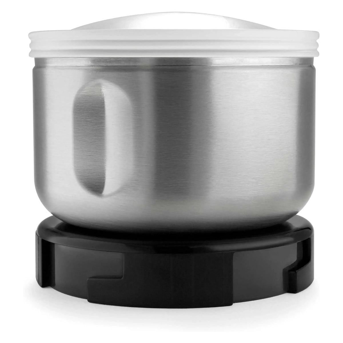 Stainless grinding cup with black base and locking lid