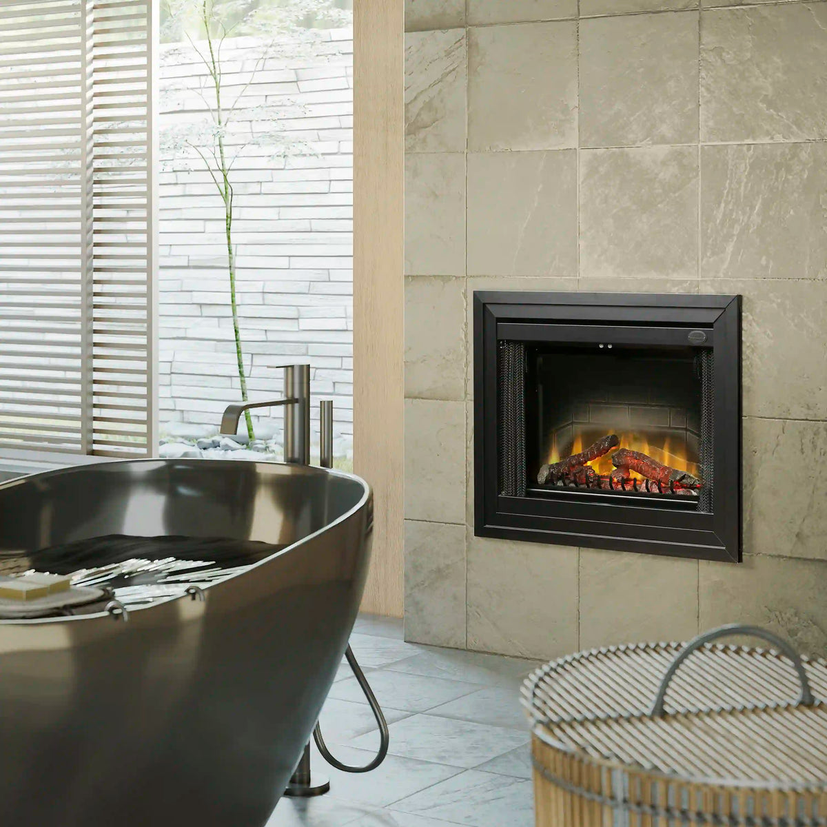 Built-in electric fireplace with black frame and realistic log-and-flame view