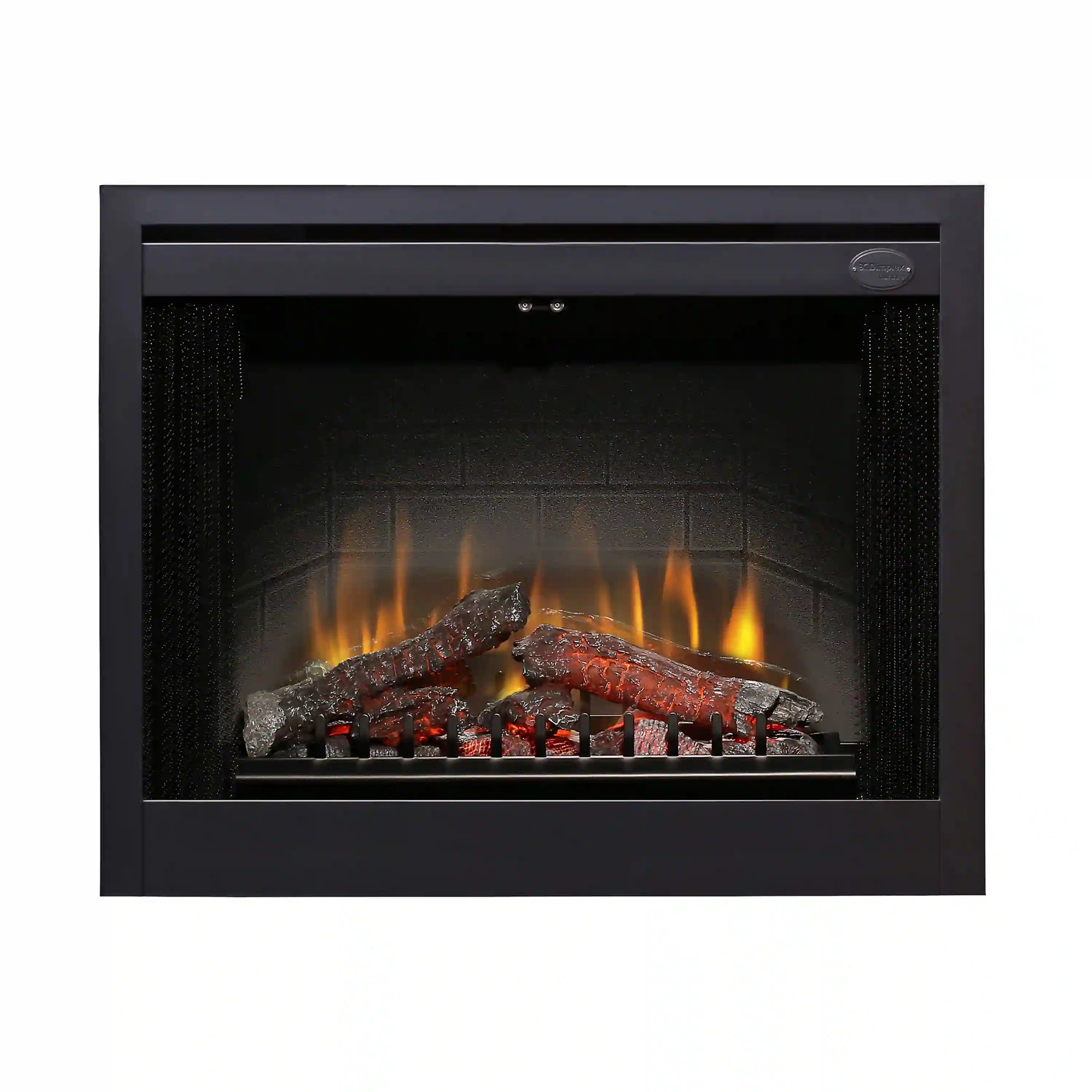 Black built-in electric fireplace insert front view with log-and-flame effect